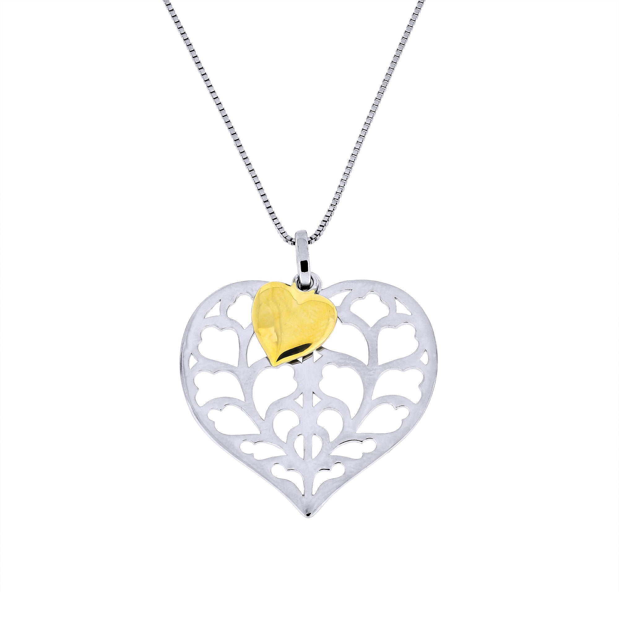 Sterling silver heart pendant with an openwork Yorkshire-inspired design, accented by a small yellow gold vermeil heart, suspended on a delicate silver chain.