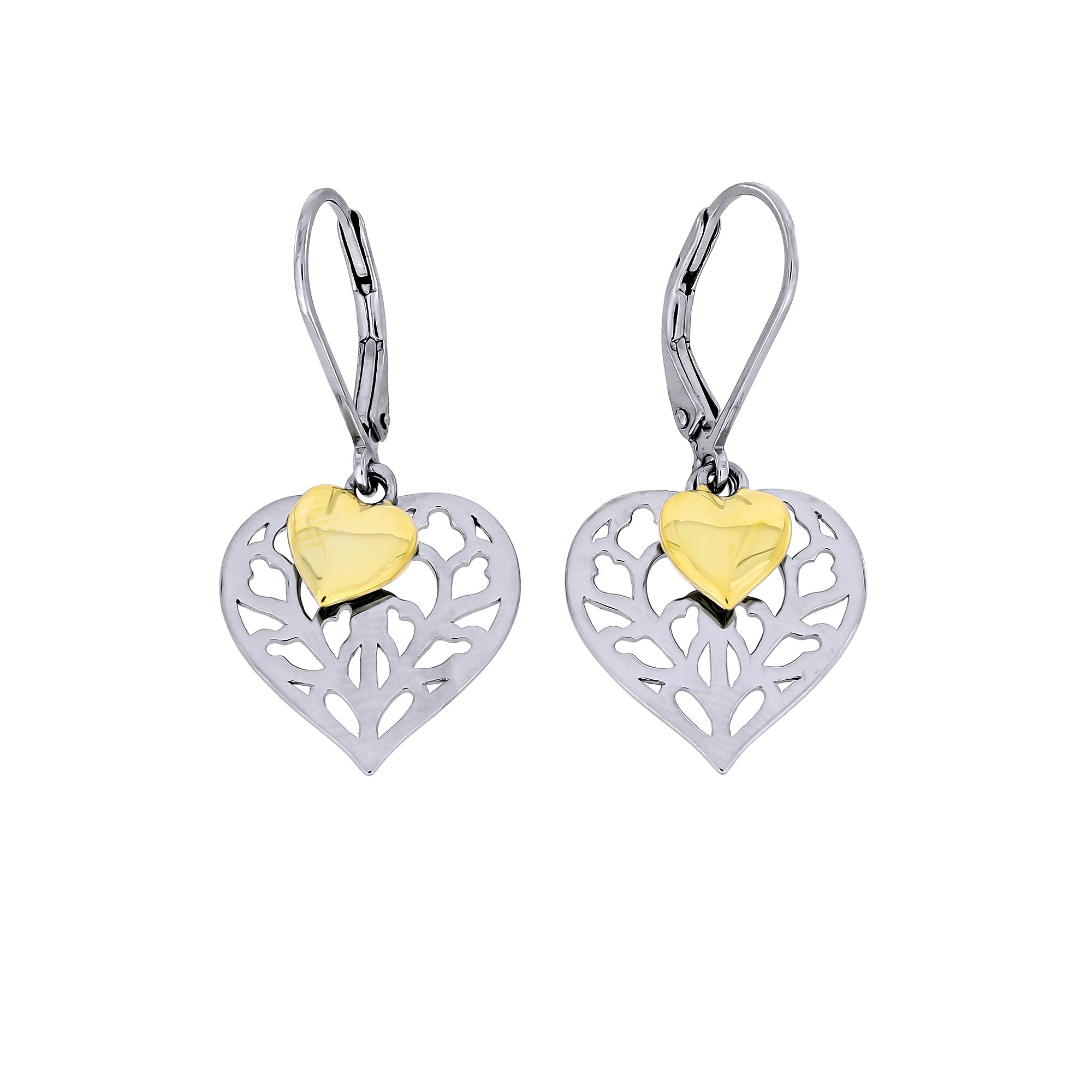 Pair of sterling silver drop earrings featuring openwork heart designs with polished gold vermeil heart accents, secured by lever-back clasps for elegant wear.