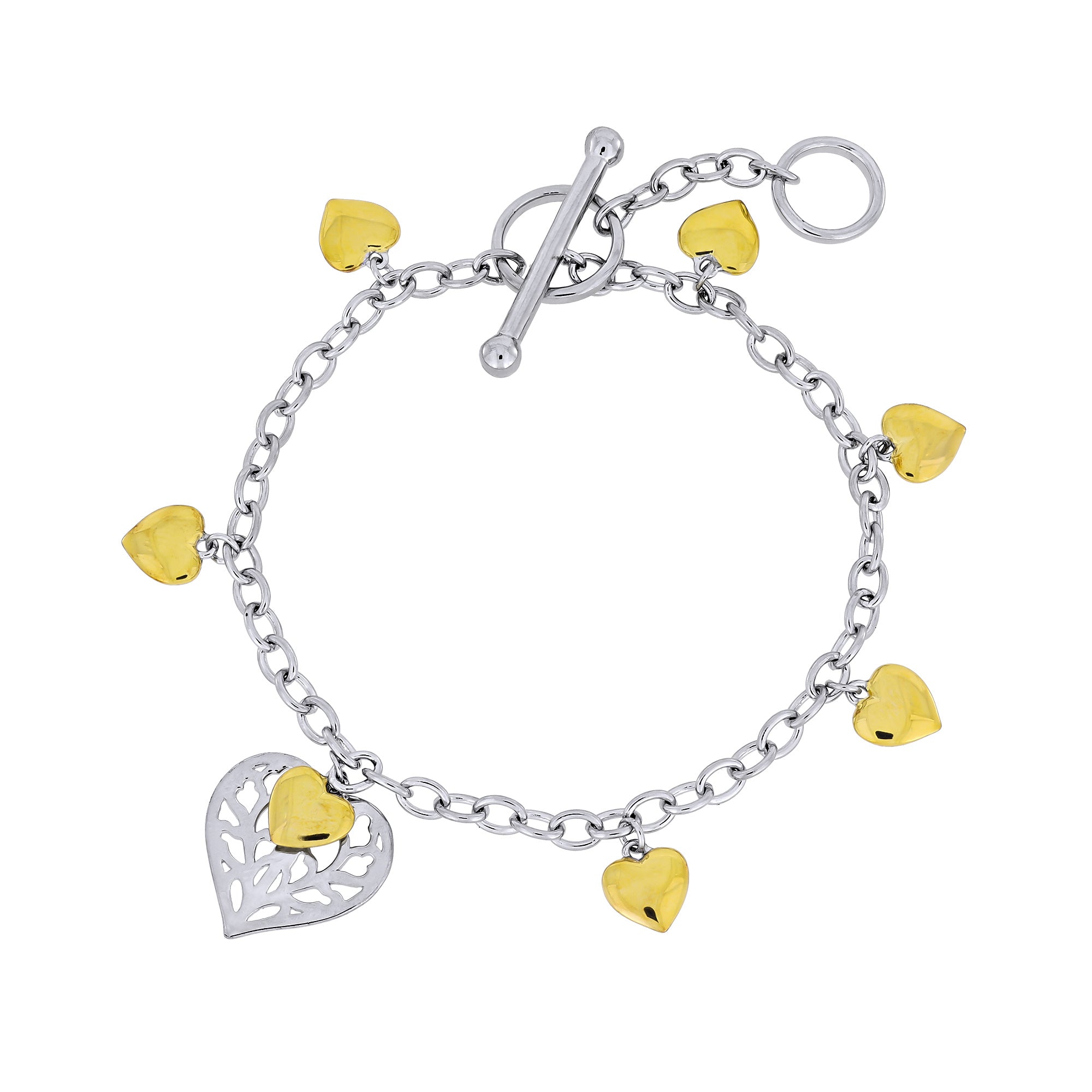 Sterling silver chain bracelet featuring a T-bar fastening, adorned with polished yellow gold vermeil heart charms and an openwork silver heart detail.