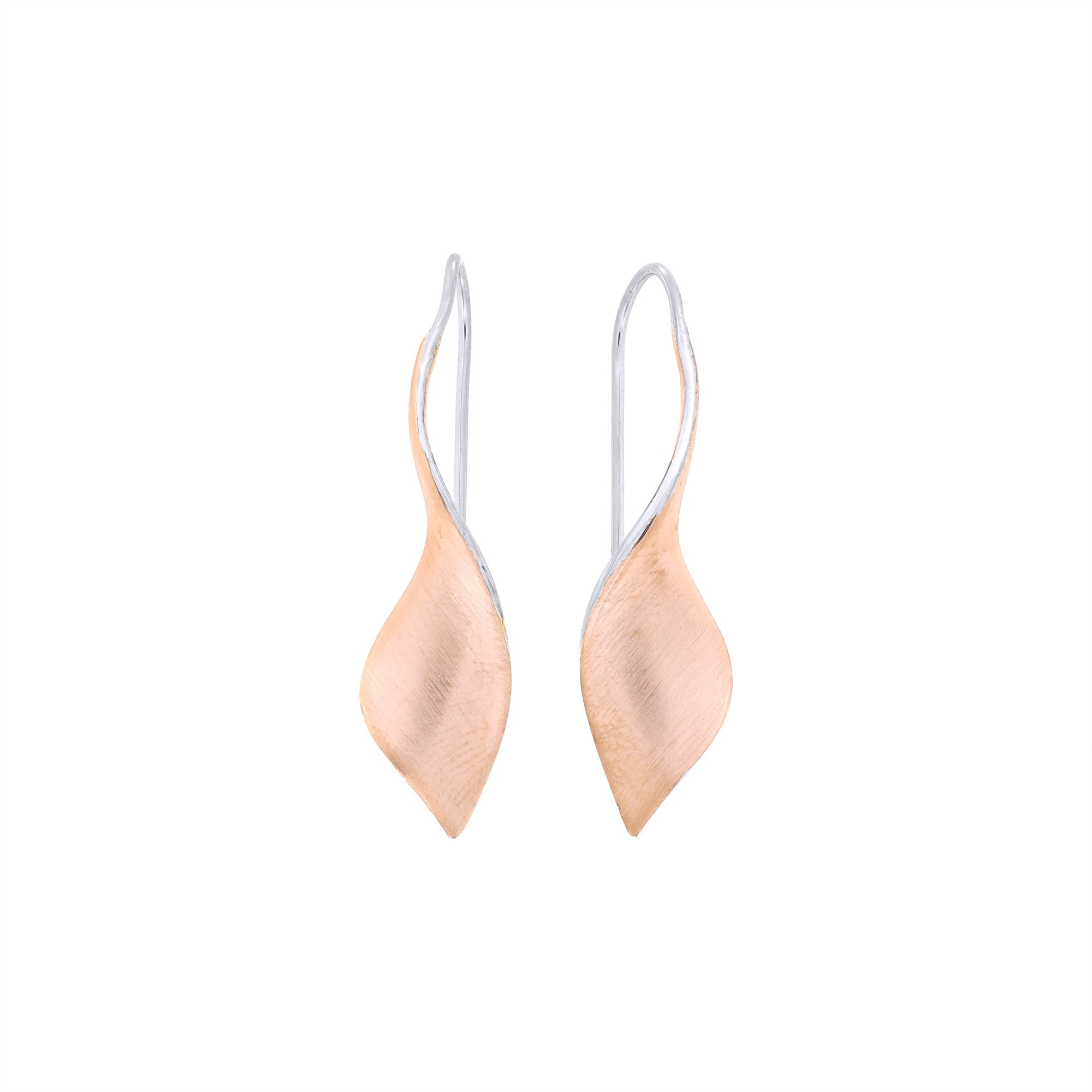 A pair of rose gold vermeil twist drop earrings with a smooth satin effect 
