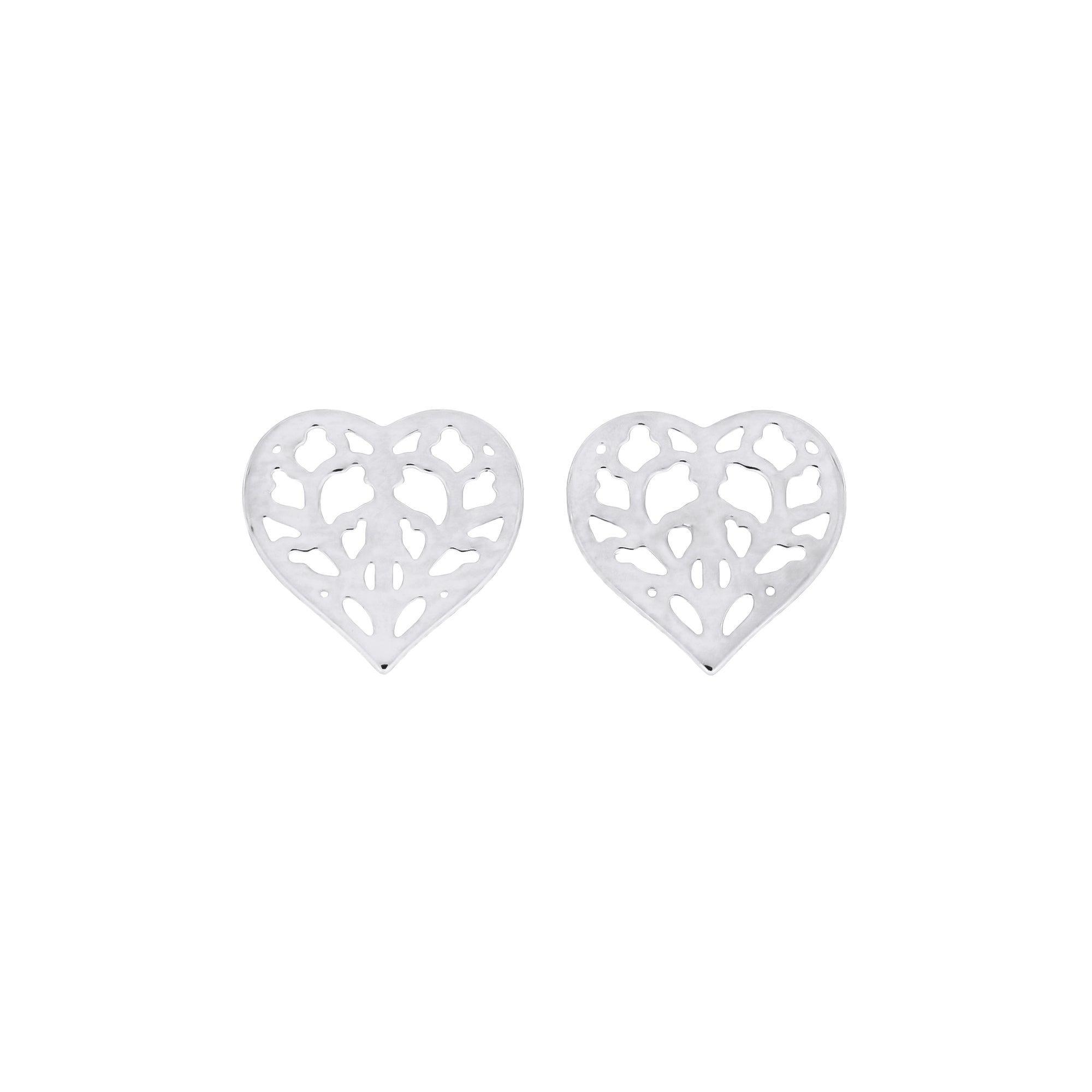 Pair of 9 carat white gold stud earrings featuring delicate openwork heart shapes inspired by York Minster, combining polished surfaces with a refined sculptural design.