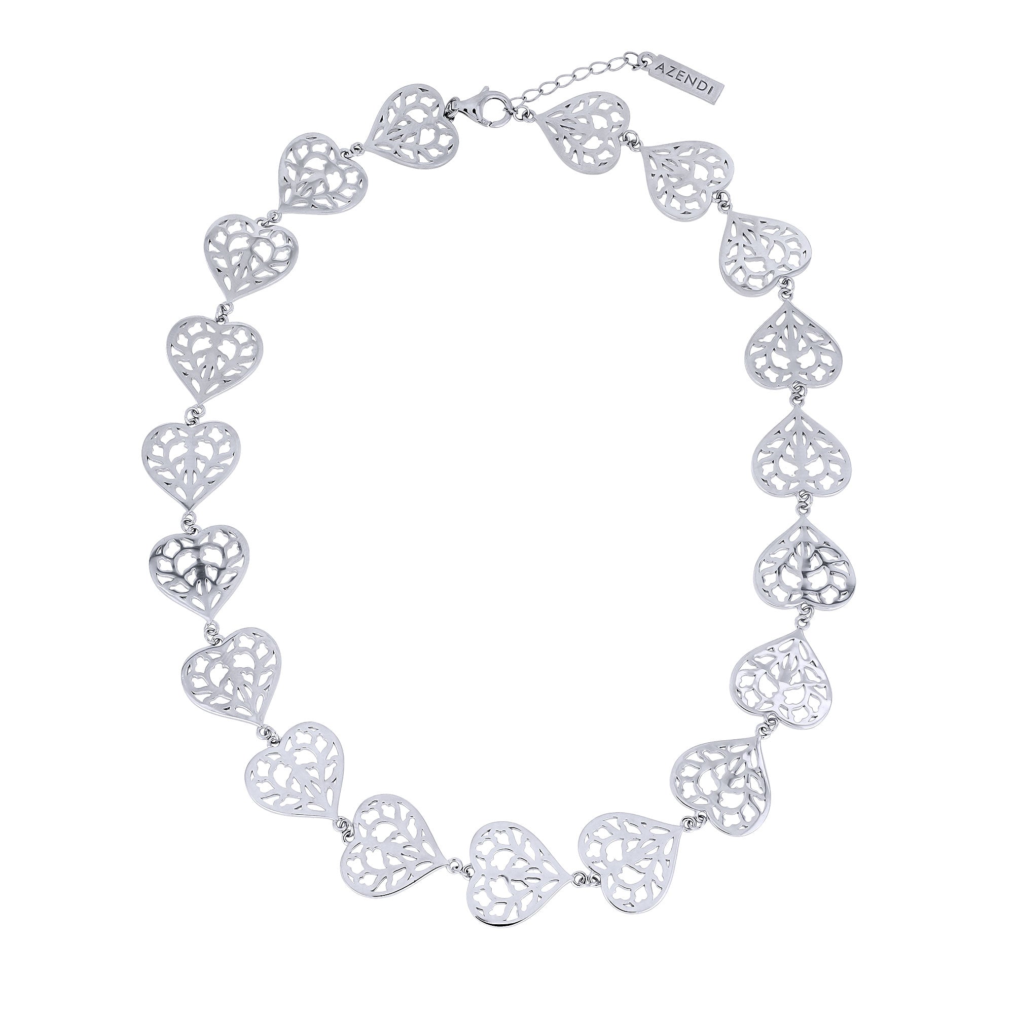 Sterling silver necklace featuring a series of sculptural openwork heart links with intricate filigree detail, designed with an adjustable chain for versatile length.