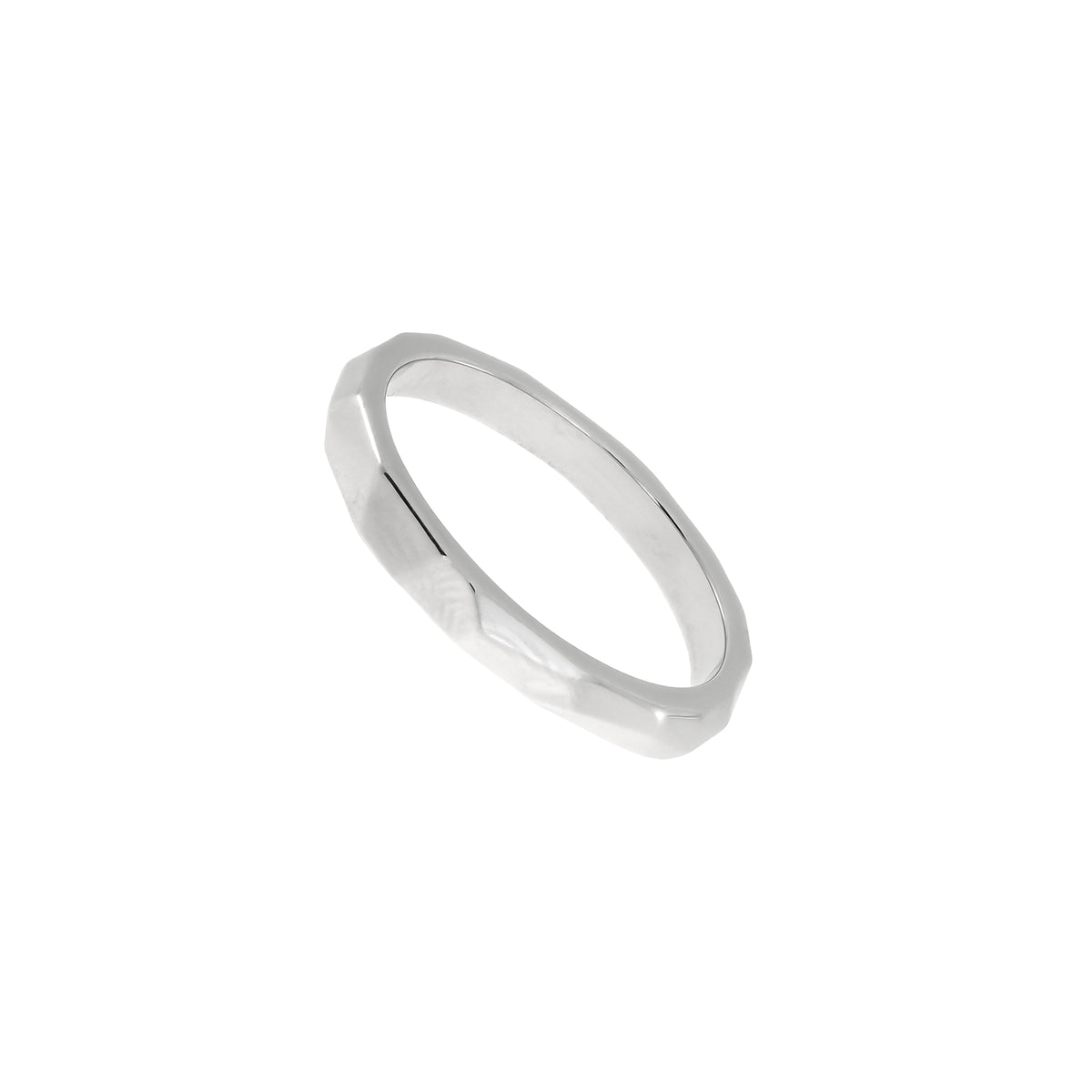 Polished sterling silver ring with a faceted band, showcasing a sculptural and contemporary design in refined sterling silver jewellery by Azendi.