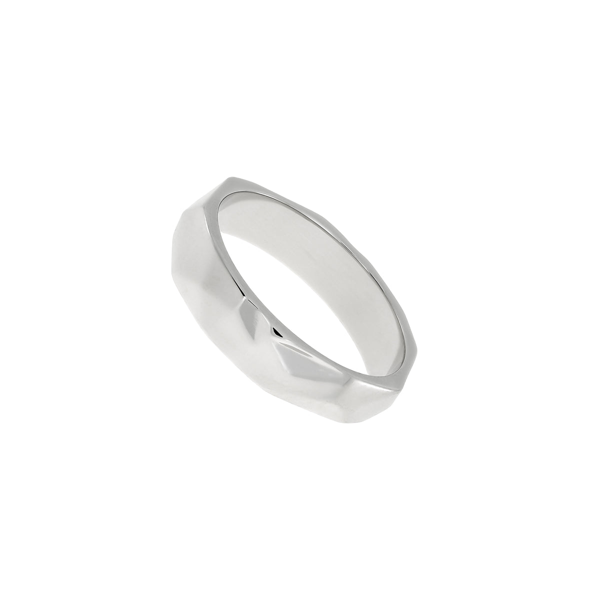 Polished sterling silver ring with a distinctive faceted surface, available in three widths, showcasing a modern and sculptural design in refined silver jewellery.