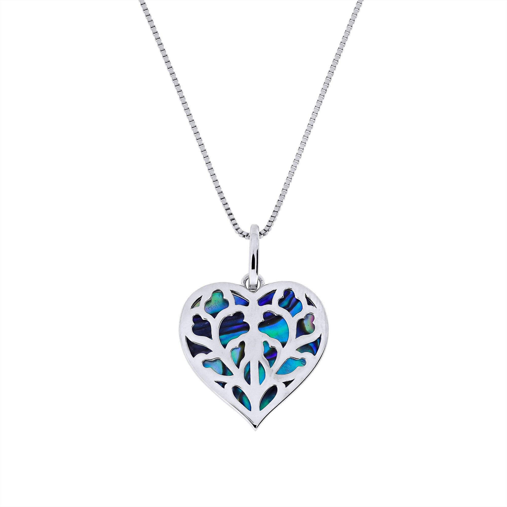 Sterling silver heart-shaped pendant with intricate York Minster stonework design filled with iridescent abalone shell, suspended on a fine silver chain for elegant wear.