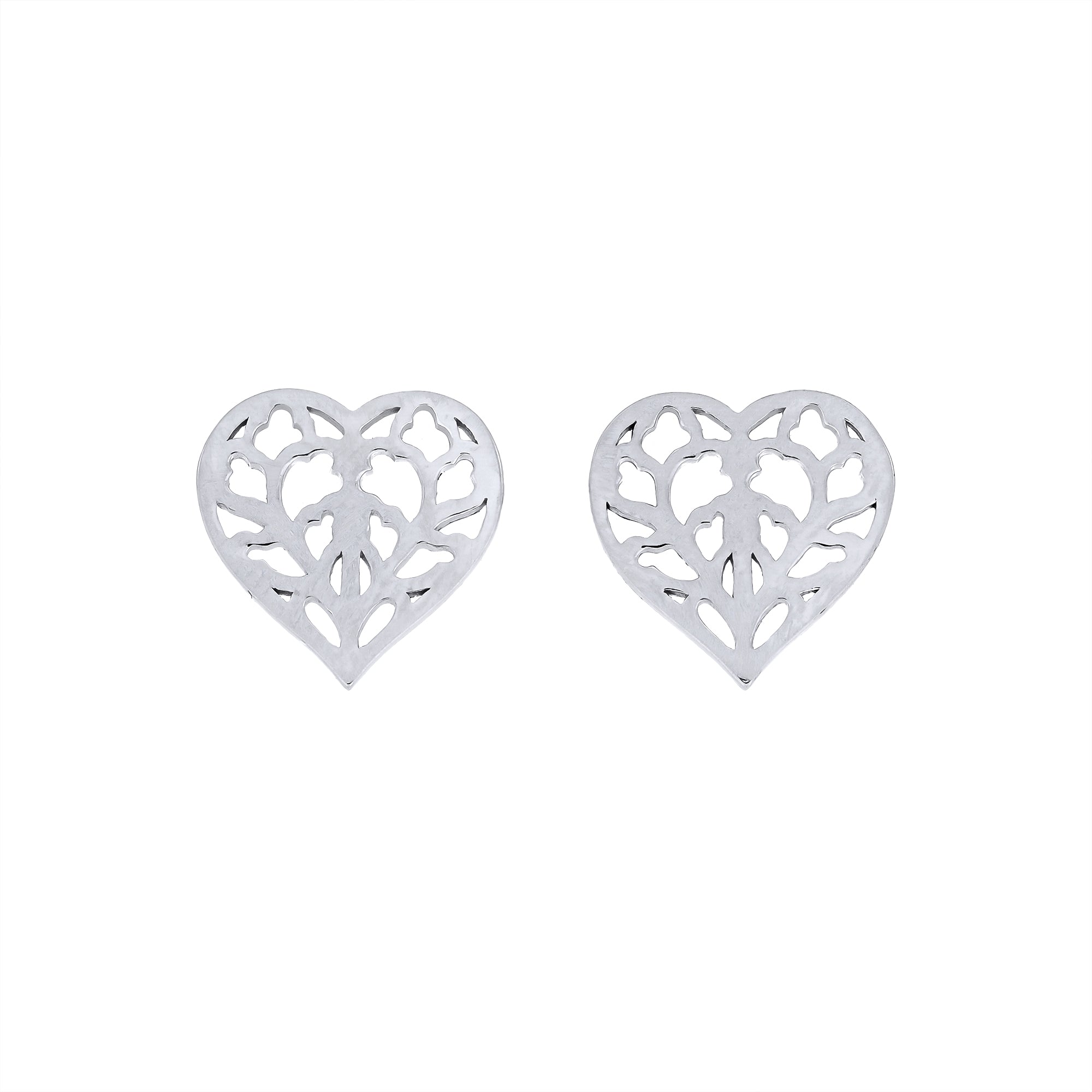 Pair of sterling silver stud earrings shaped as openwork hearts with intricate detailing, showcasing expert craftsmanship and a polished finish for elegant everyday wear.
