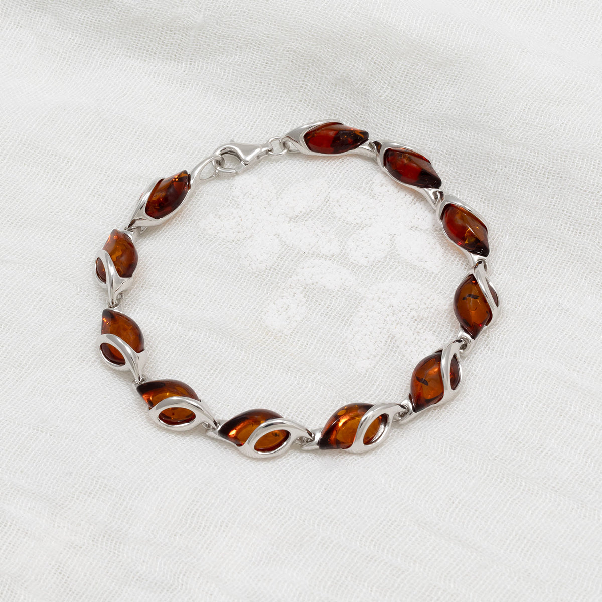 Silver Twist Amber Teardrop Links Bracelet