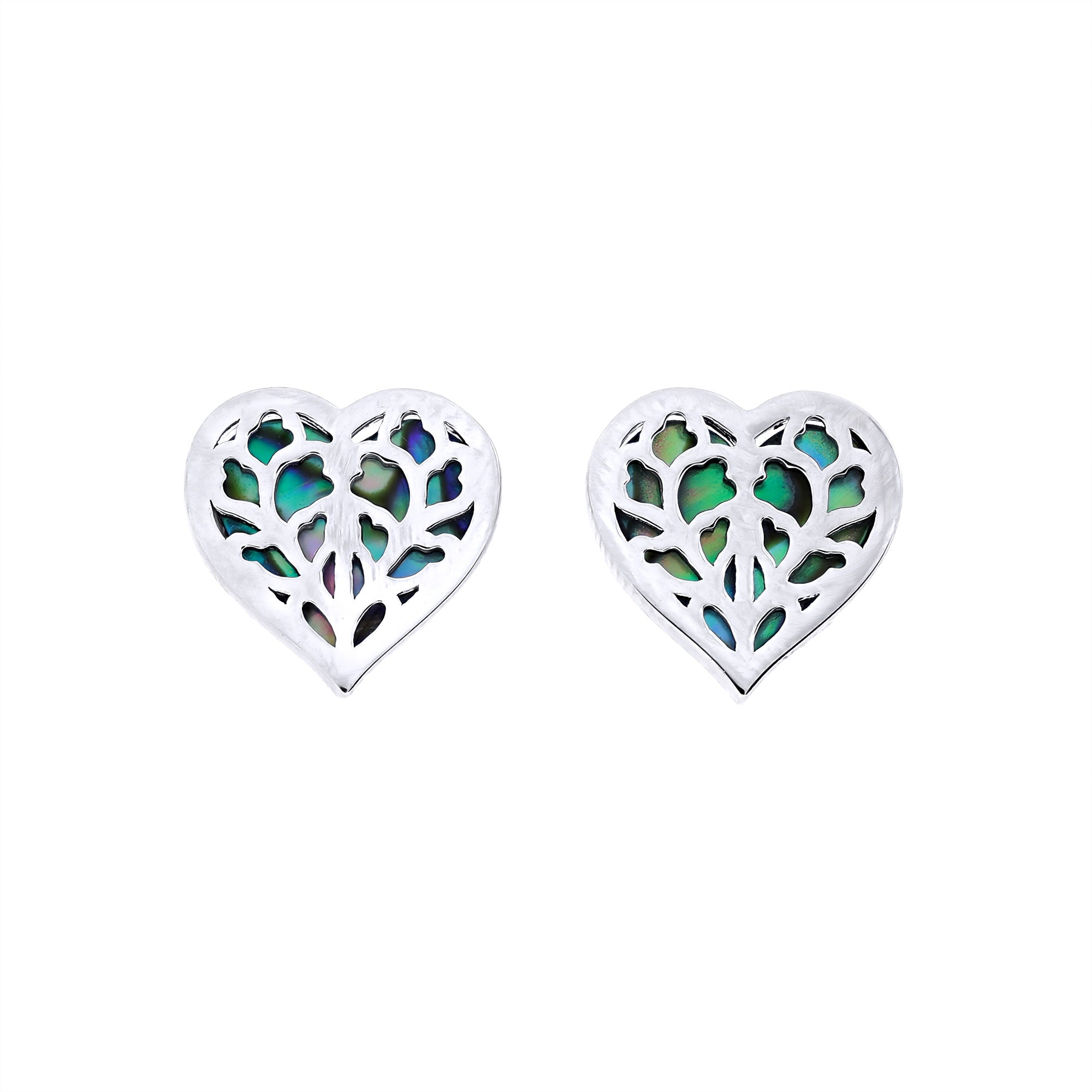 Pair of sterling silver heart-shaped stud earrings with intricate cut-out detailing revealing iridescent abalone inlay, showcasing elegant and contemporary design.