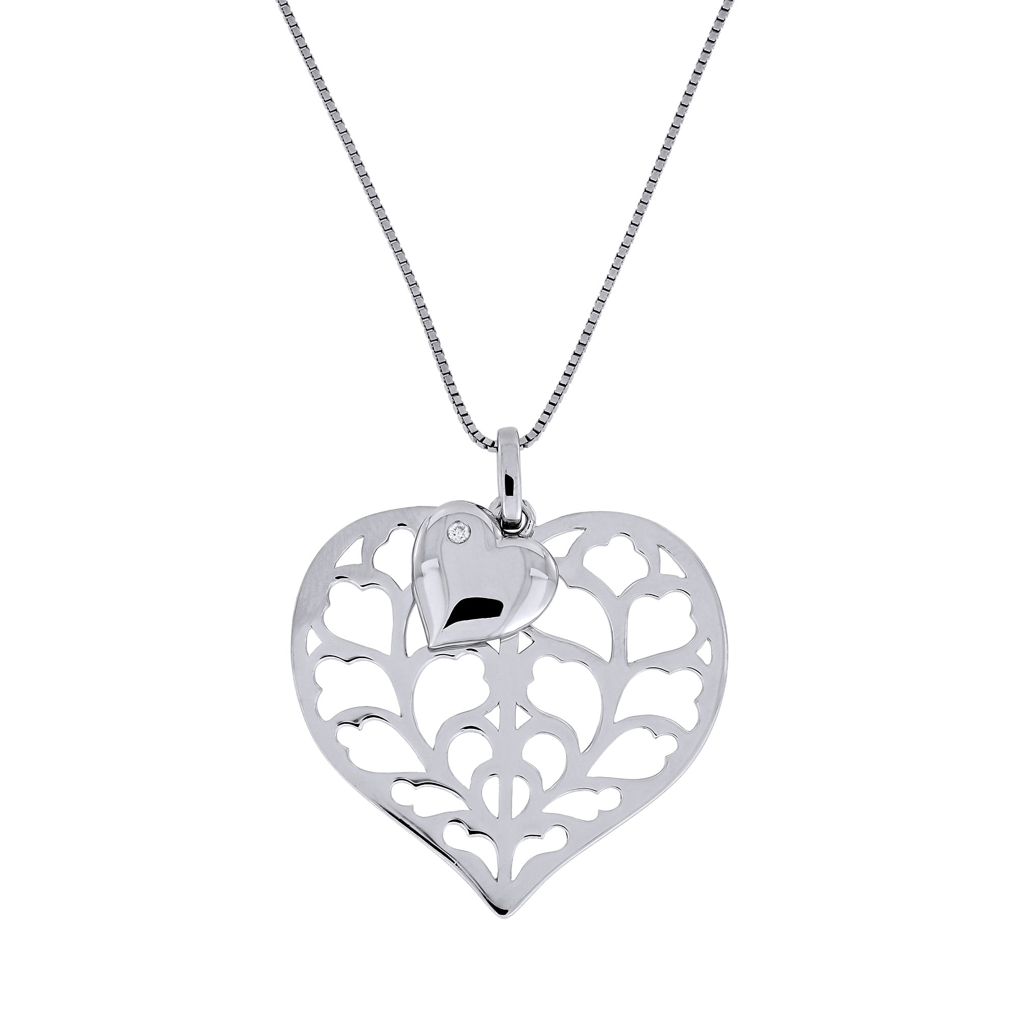 Sterling silver double heart pendant necklace featuring an openwork leaf pattern and a small solid heart accented with a single diamond, suspended on a fine chain.