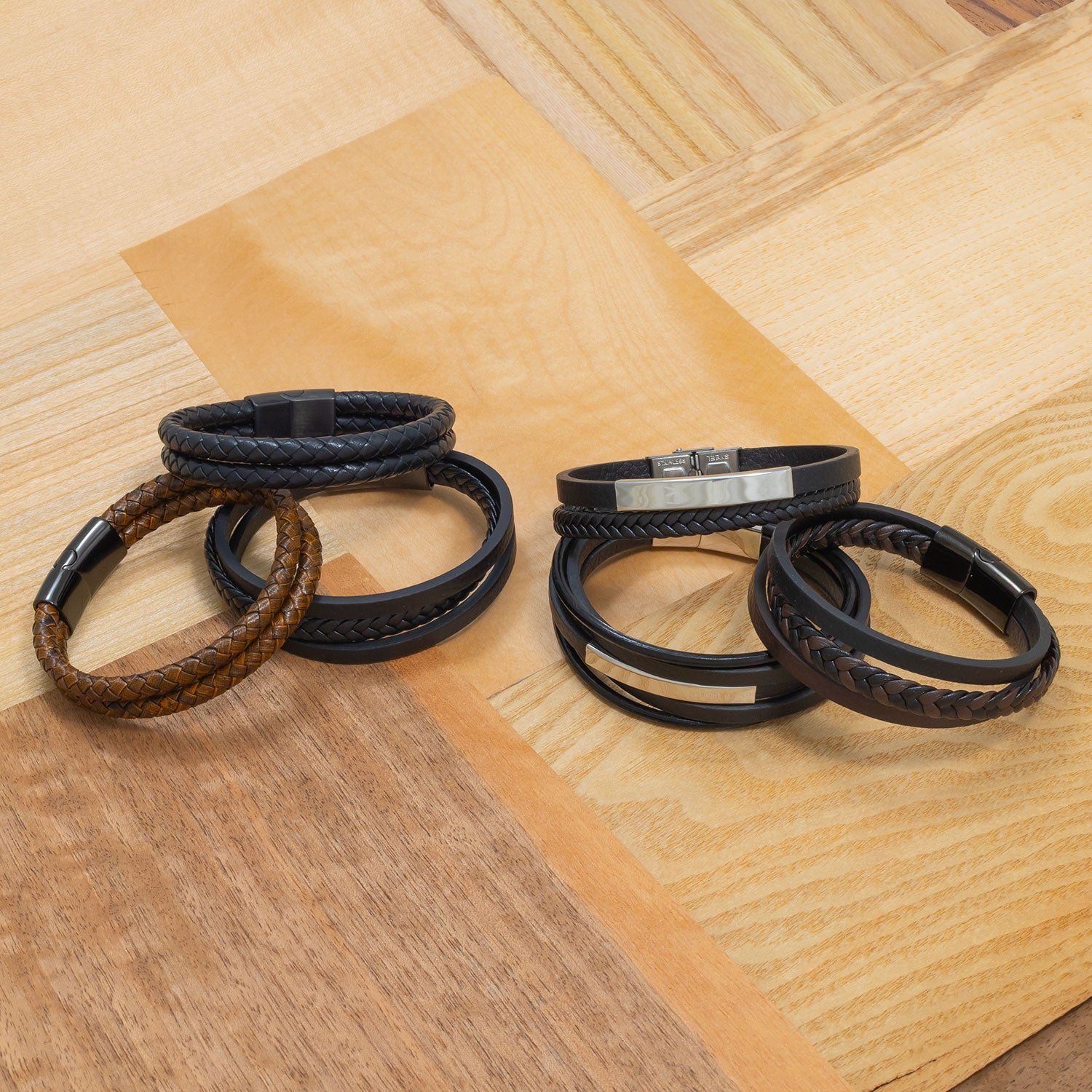 Black Double Strand Leather & Steel Men's Bracelet