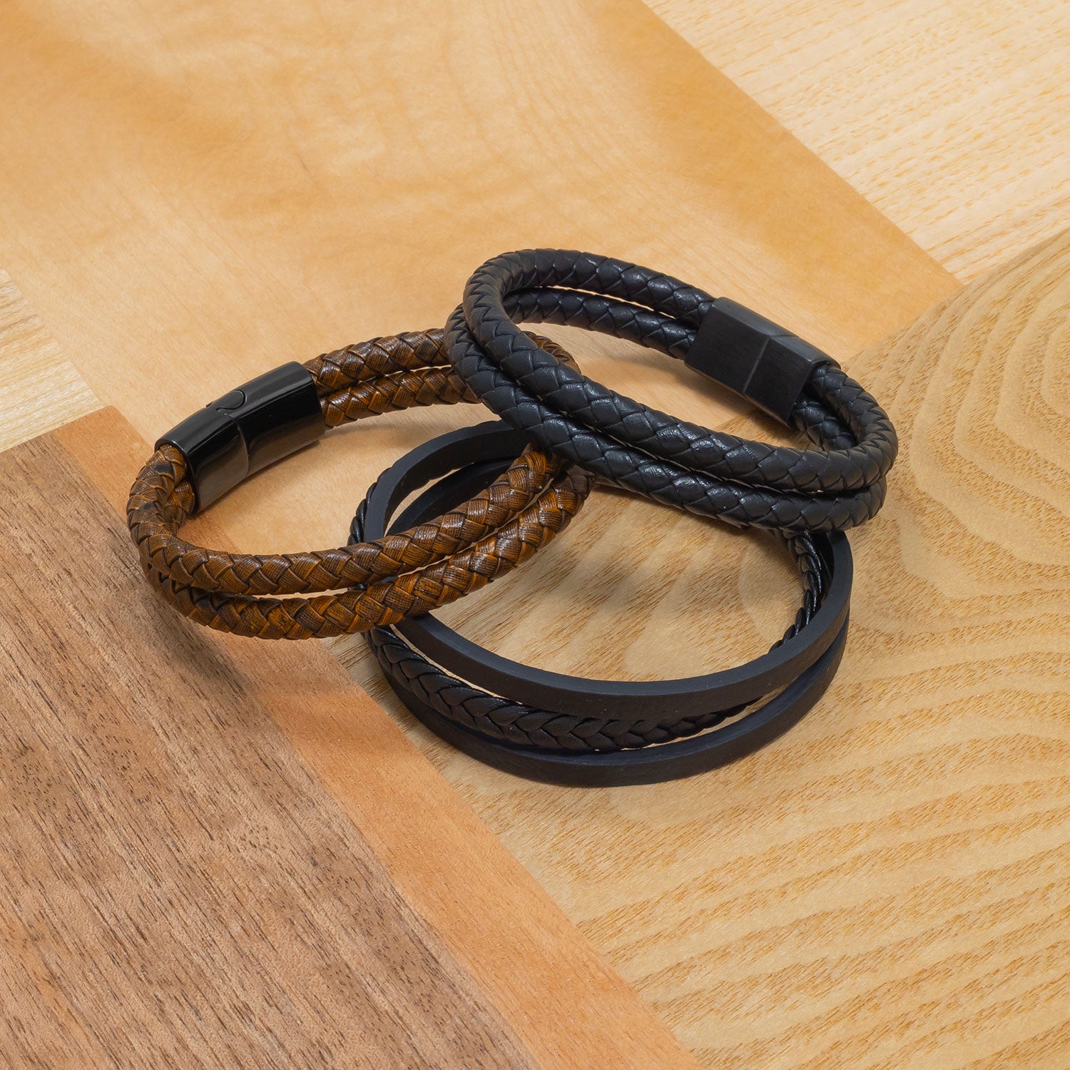 Brown Double Strand Leather & Steel Men's Bracelet