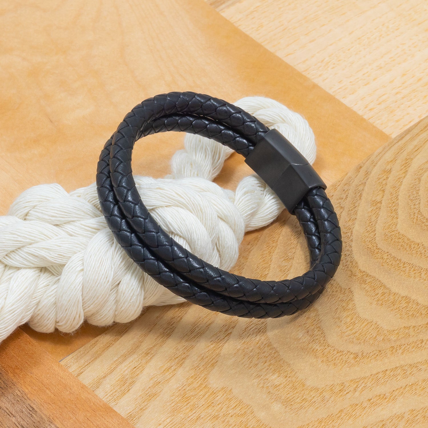 Black Double Strand Leather & Steel Men's Bracelet