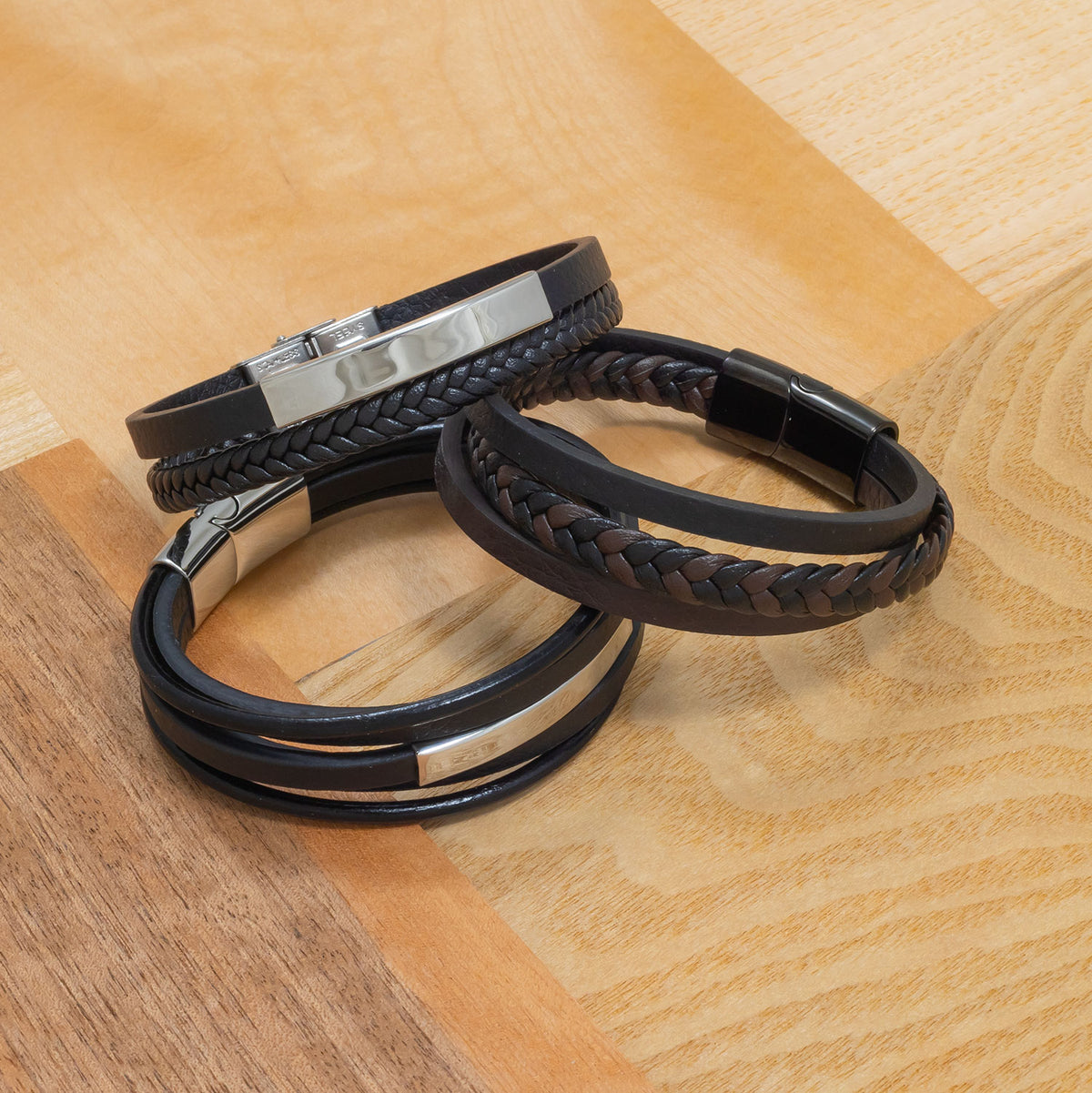 Black Double Strand Leather & Steel Men's Bracelet