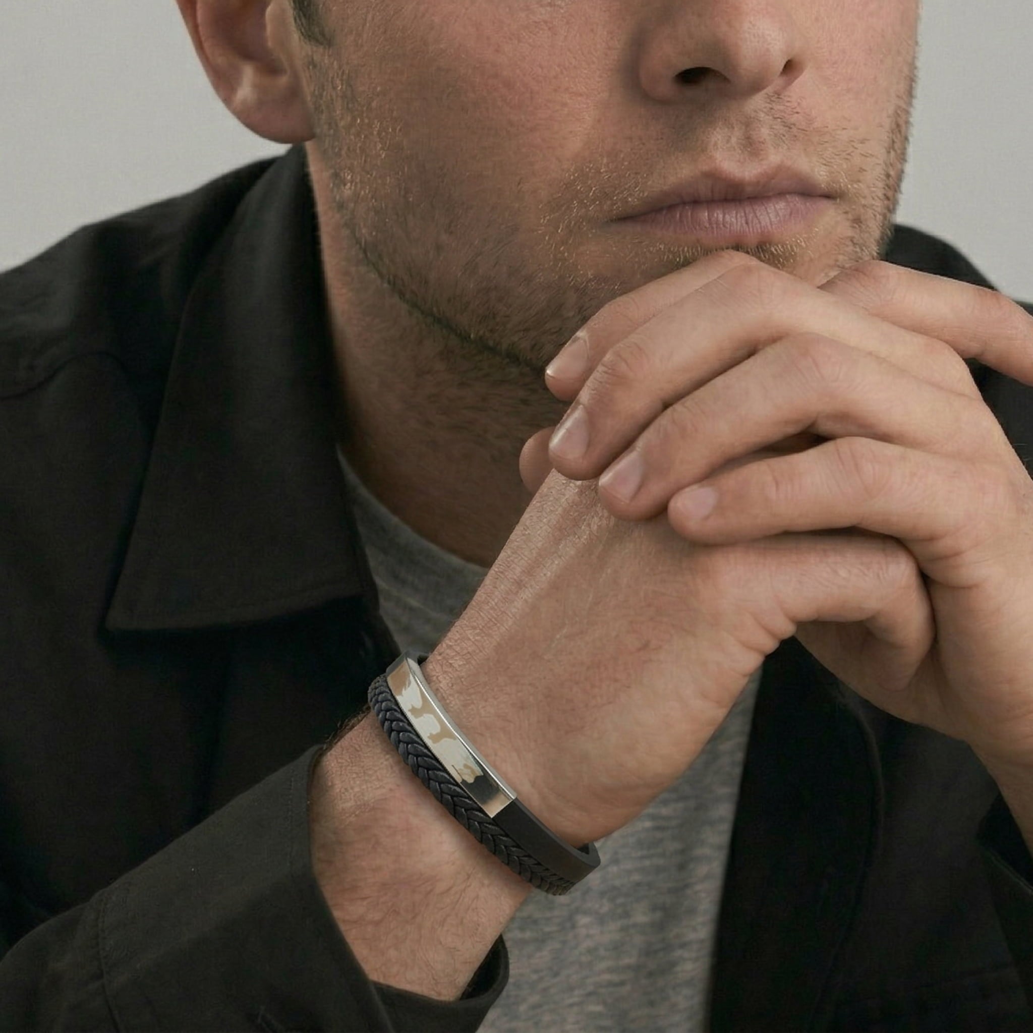 Leather and steel double strand bracelet