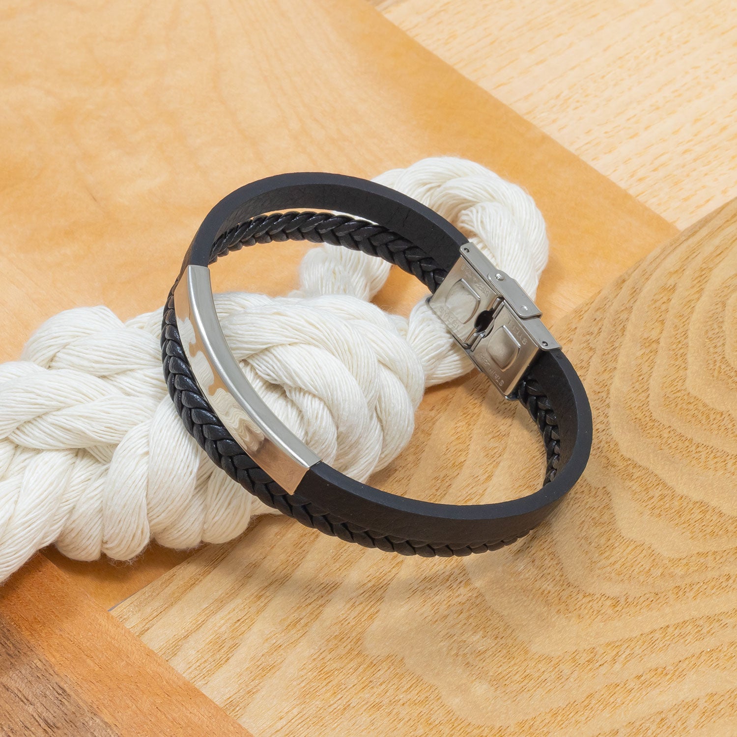 Black Double Strand Leather & Steel Men's Bracelet