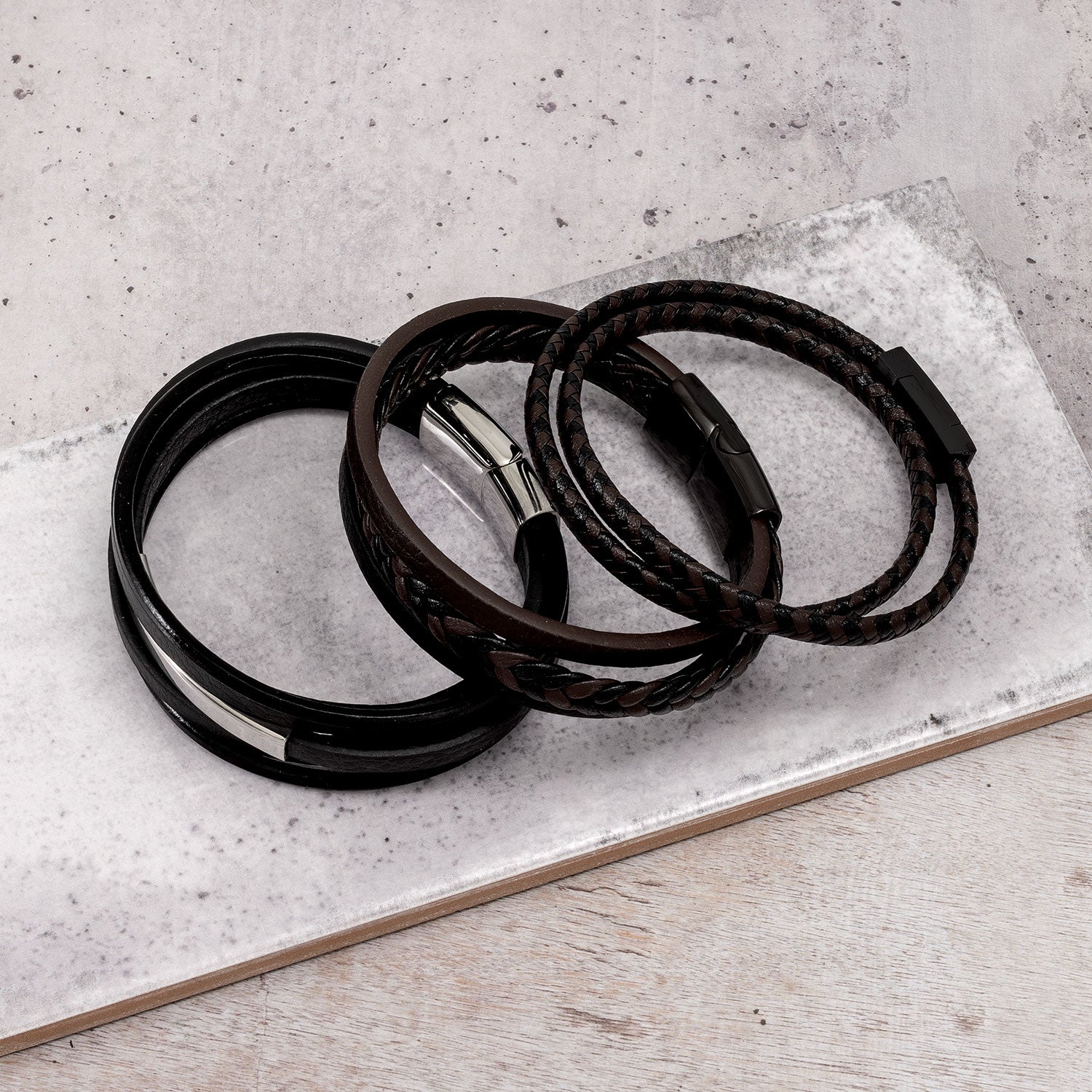 Five Strand Black Leather & Steel Men's Bracelet