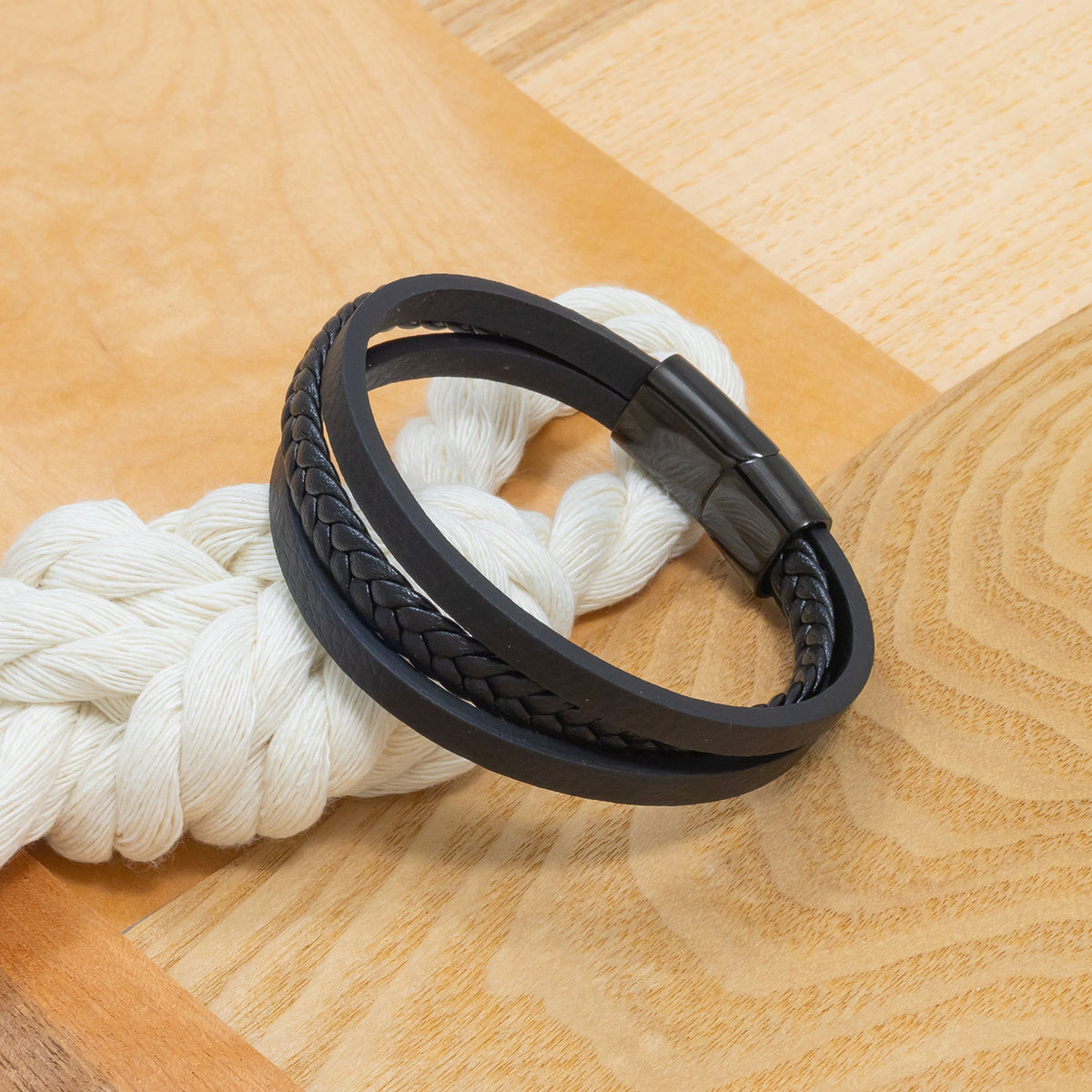 Black Triple Strand Leather Men's Bracelet