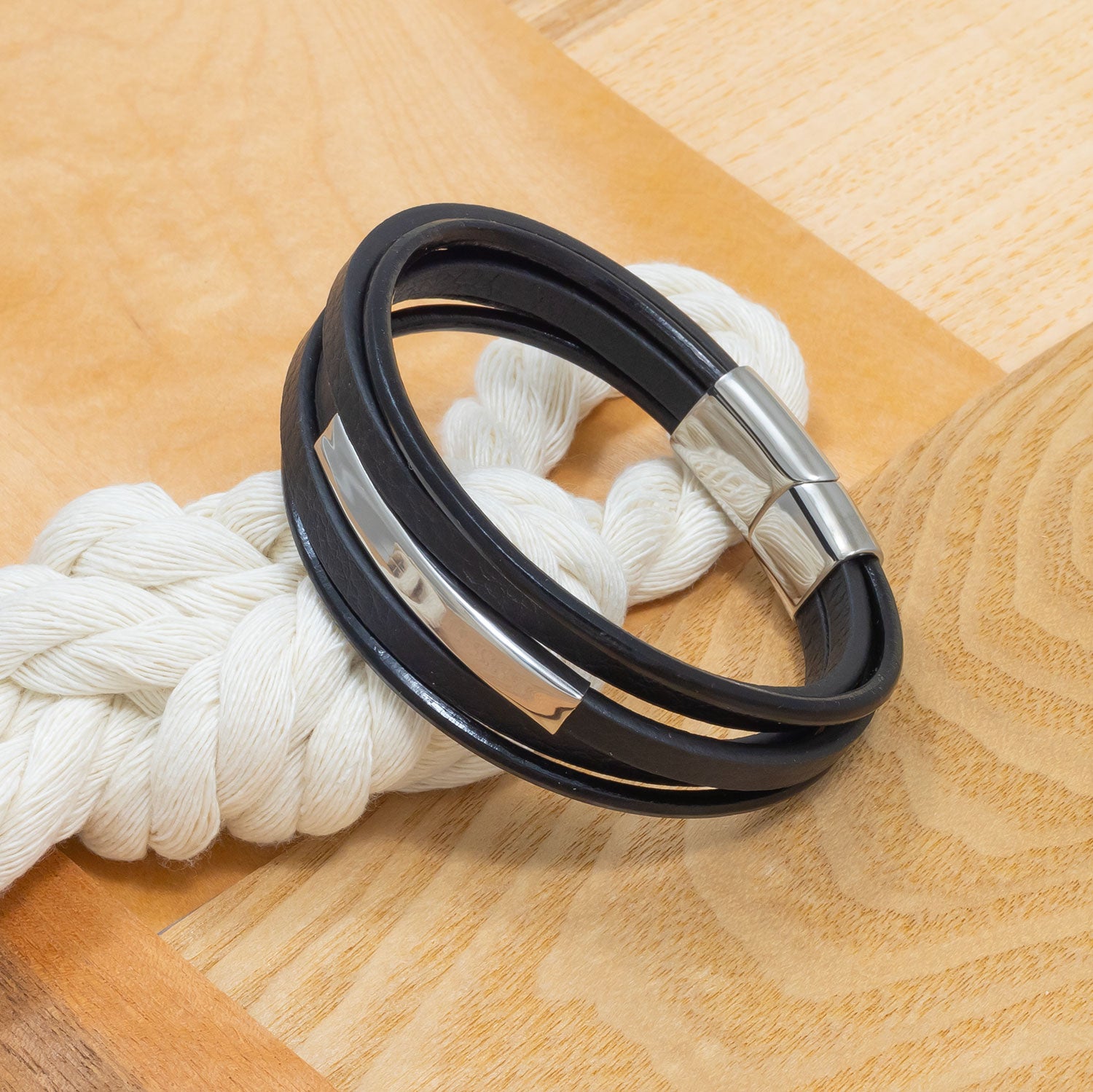 Five Strand Black Leather & Steel Men's Bracelet