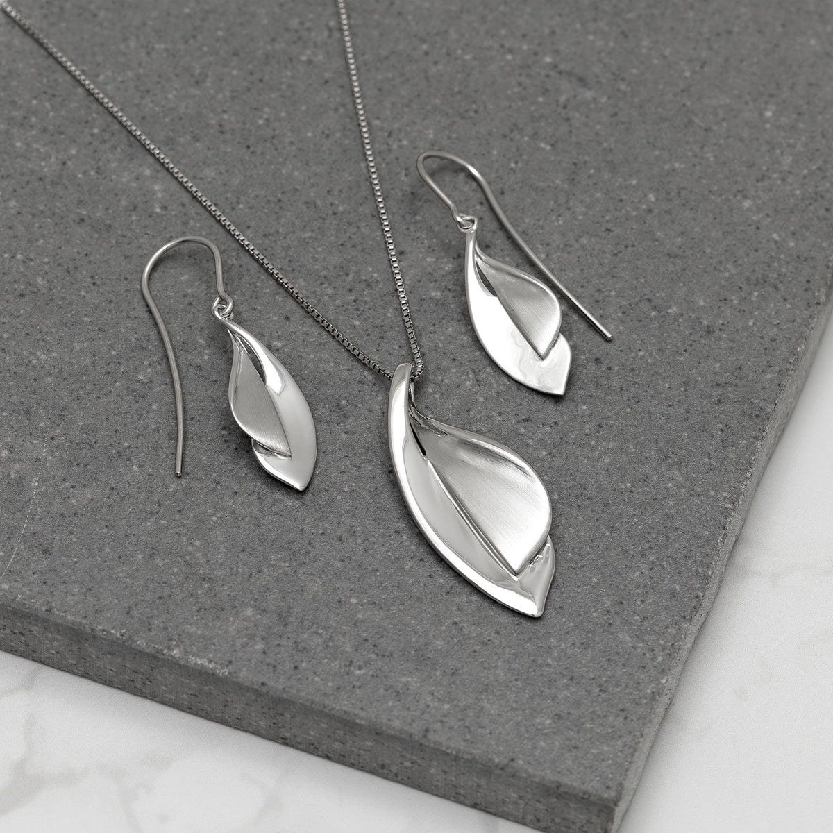 Silver Double Leaf Drop Earrings
