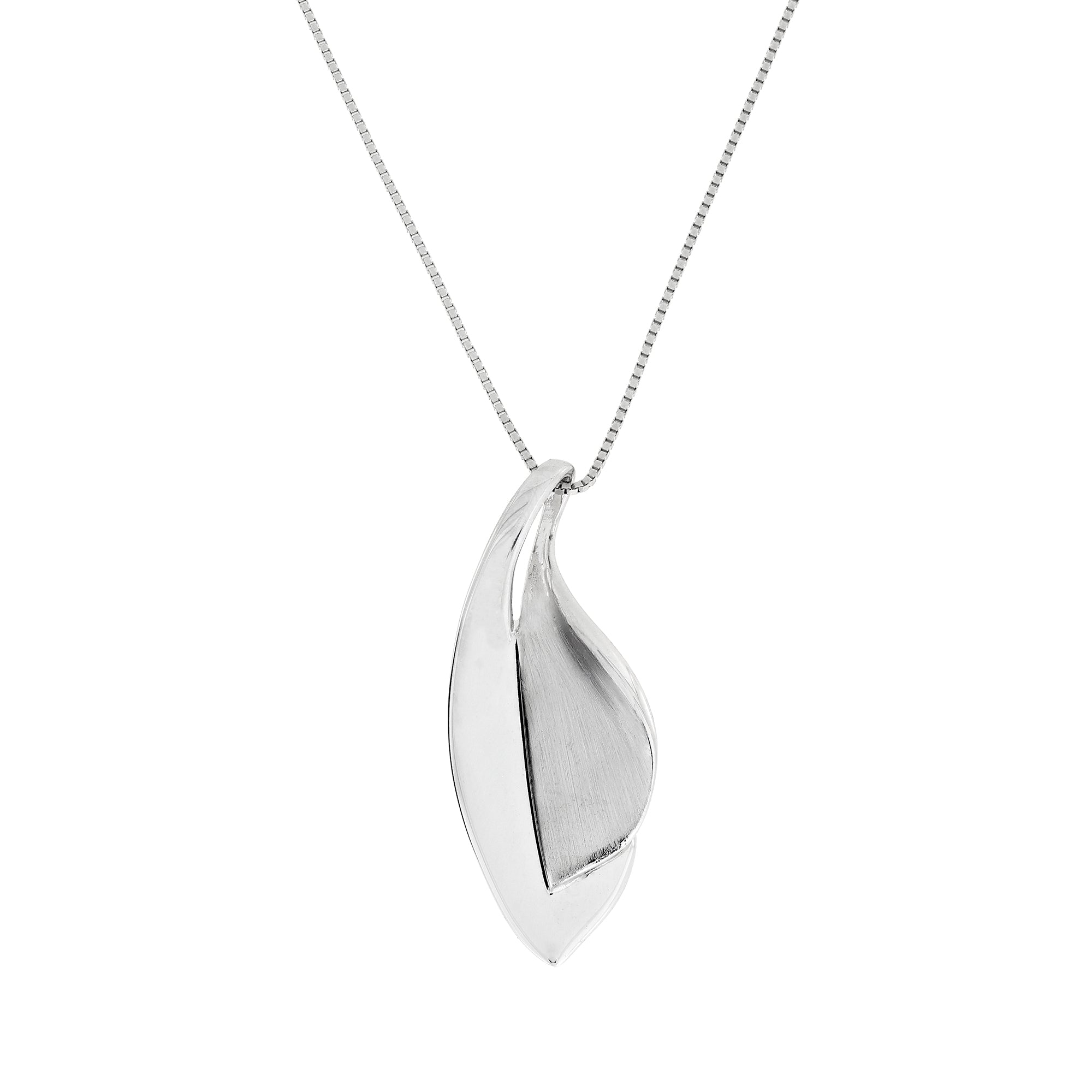 Sleek sterling silver pendant featuring a sculptural double leaf design suspended from a delicate fine chain, embodying refined contemporary silver jewellery.