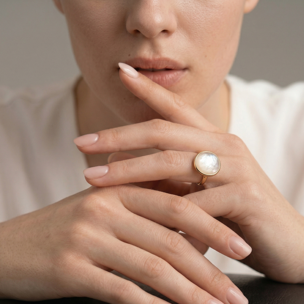 A yellow gold vermeil ring featuring a polished mother of pearl stone, worn on a hand with natural, manicured nails for a sophisticated and elegant look.