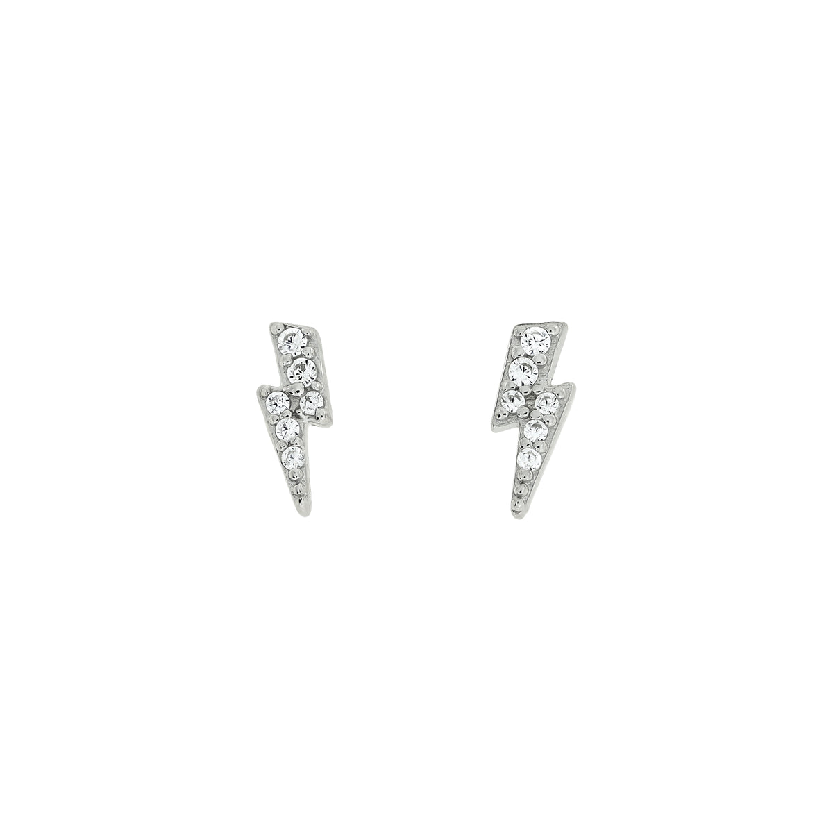 Pair of sterling silver stud earrings shaped like mini lightning bolts, each adorned with sparkling stones, exemplifying modern and sculptural silver jewellery by Azendi.