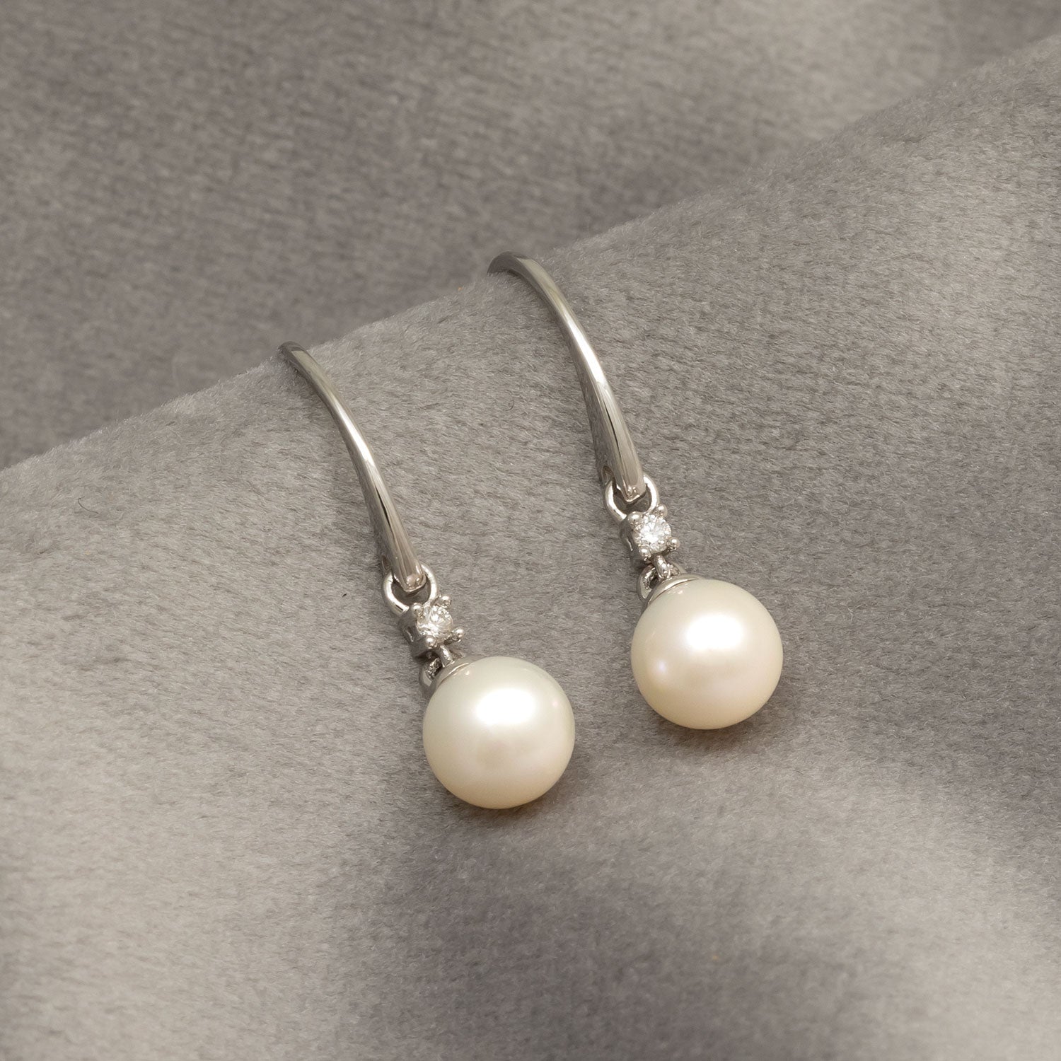 9ct White Gold, Pearl and Diamond Drop Earrings