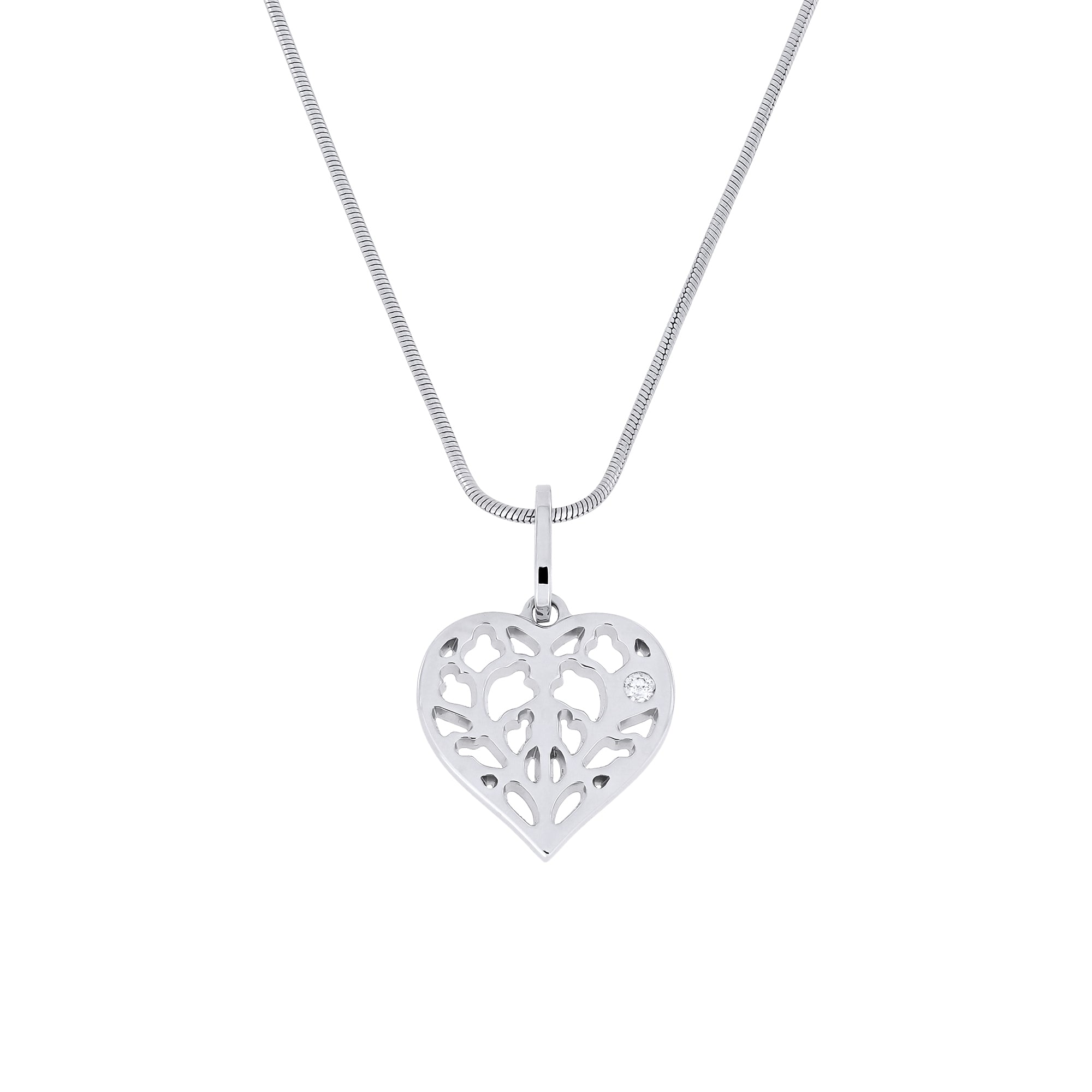 9 carat white gold heart-shaped pendant featuring delicate openwork design based on York Minster with diamond accents on a snake chain, showcasing refined contemporary craftsmanship.