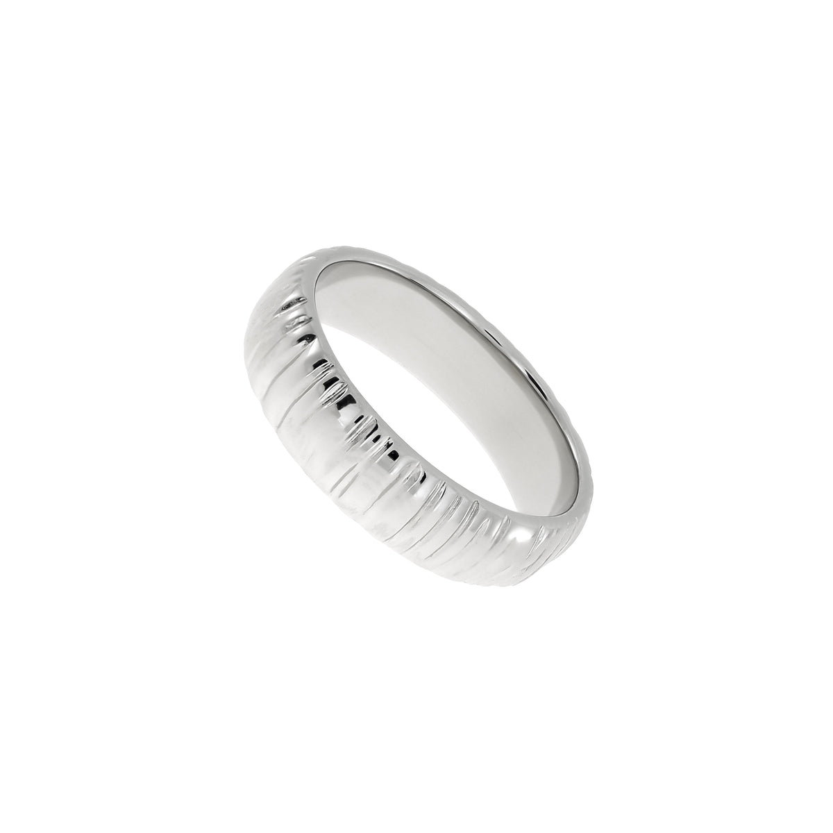 Sterling silver ring featuring a polished groove-textured band with a sculptural design, embodying contemporary elegance in silver jewellery by Azendi.