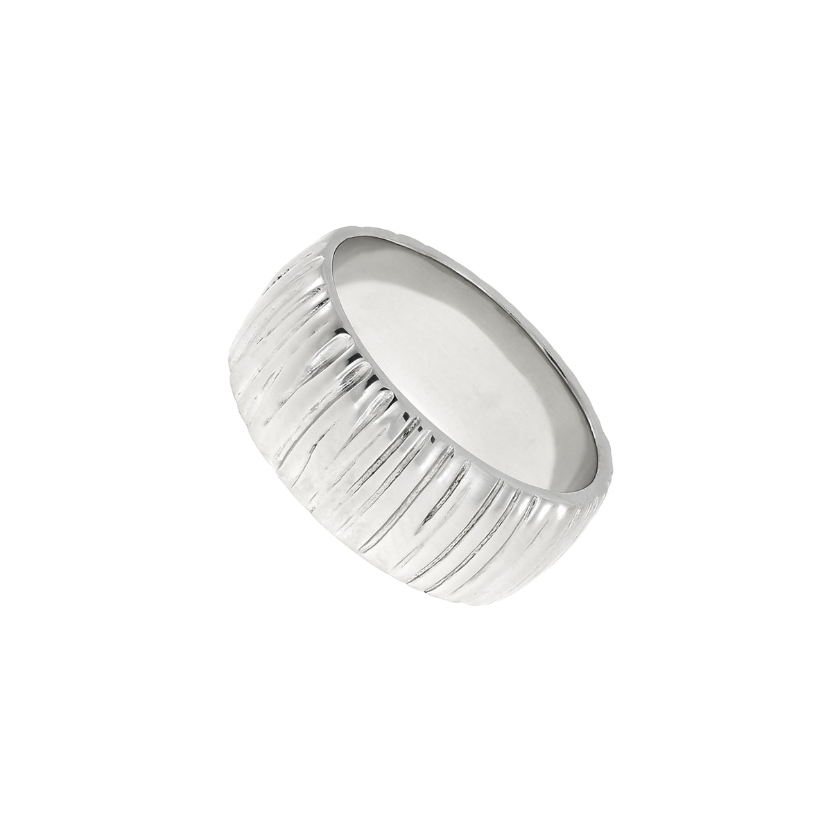 Sterling silver ring featuring a bold grooved texture that creates a sculptural and contemporary look, showcasing expert design in silver jewellery by Azendi.