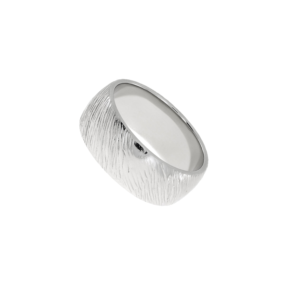 Sterling silver band ring featuring a bold diagonal textured surface, showcasing a modern sculptural design with a polished interior for comfortable wear.