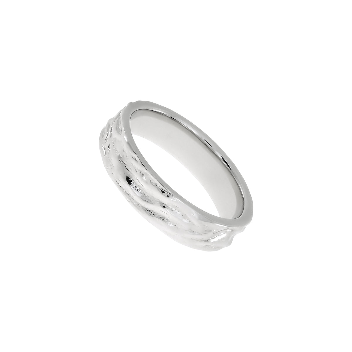 Sterling silver ring featuring a textured wave pattern with a polished finish, offering a sculptural and contemporary design by an award-winning British jeweller.