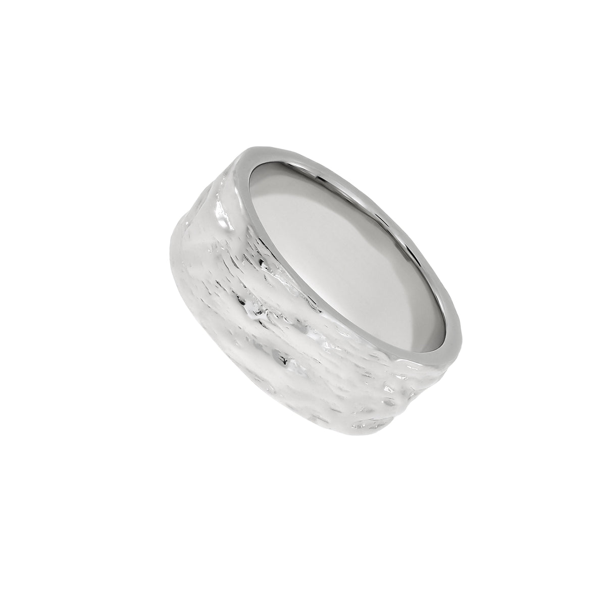 Wide sterling silver ring with a textured wave pattern, showcasing a sculptural and modern design in a polished finish from a British silver jewellery brand.