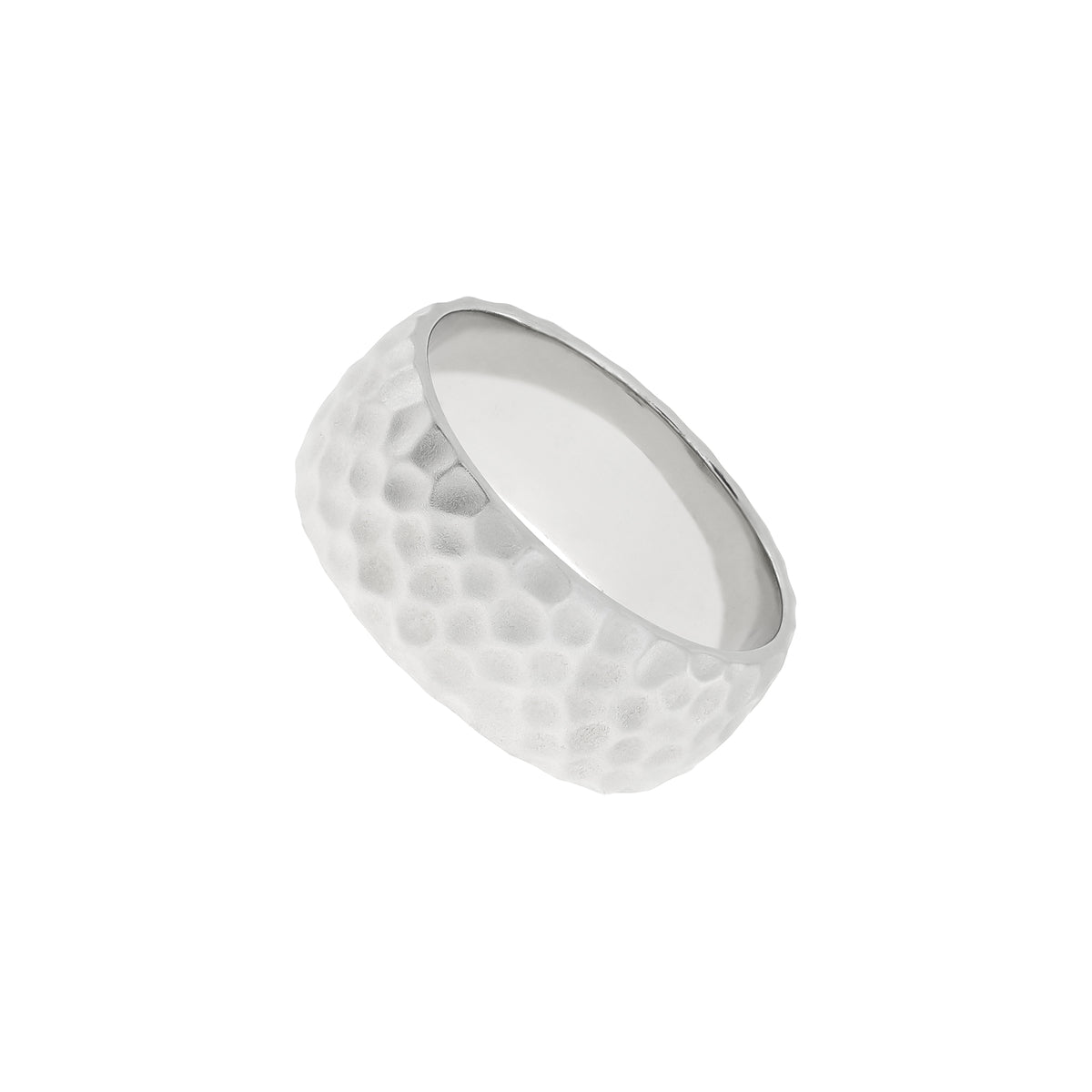 Wide sterling silver ring with a satin hammered finish, showcasing a textured and sculptural design crafted by an award-winning British jeweller.