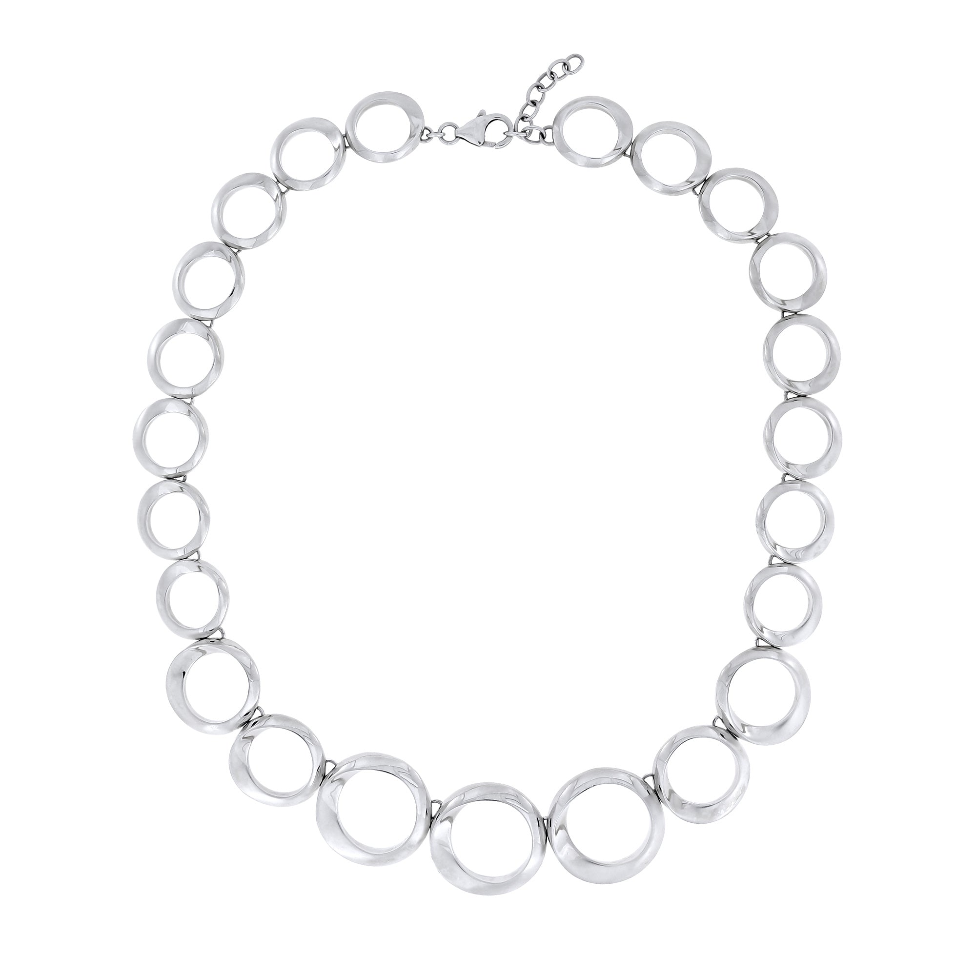 Necklace featuring graduated circle links with alternating satin and polished finishes in sterling silver, presenting a modern, sculptural design for refined silver jewellery.