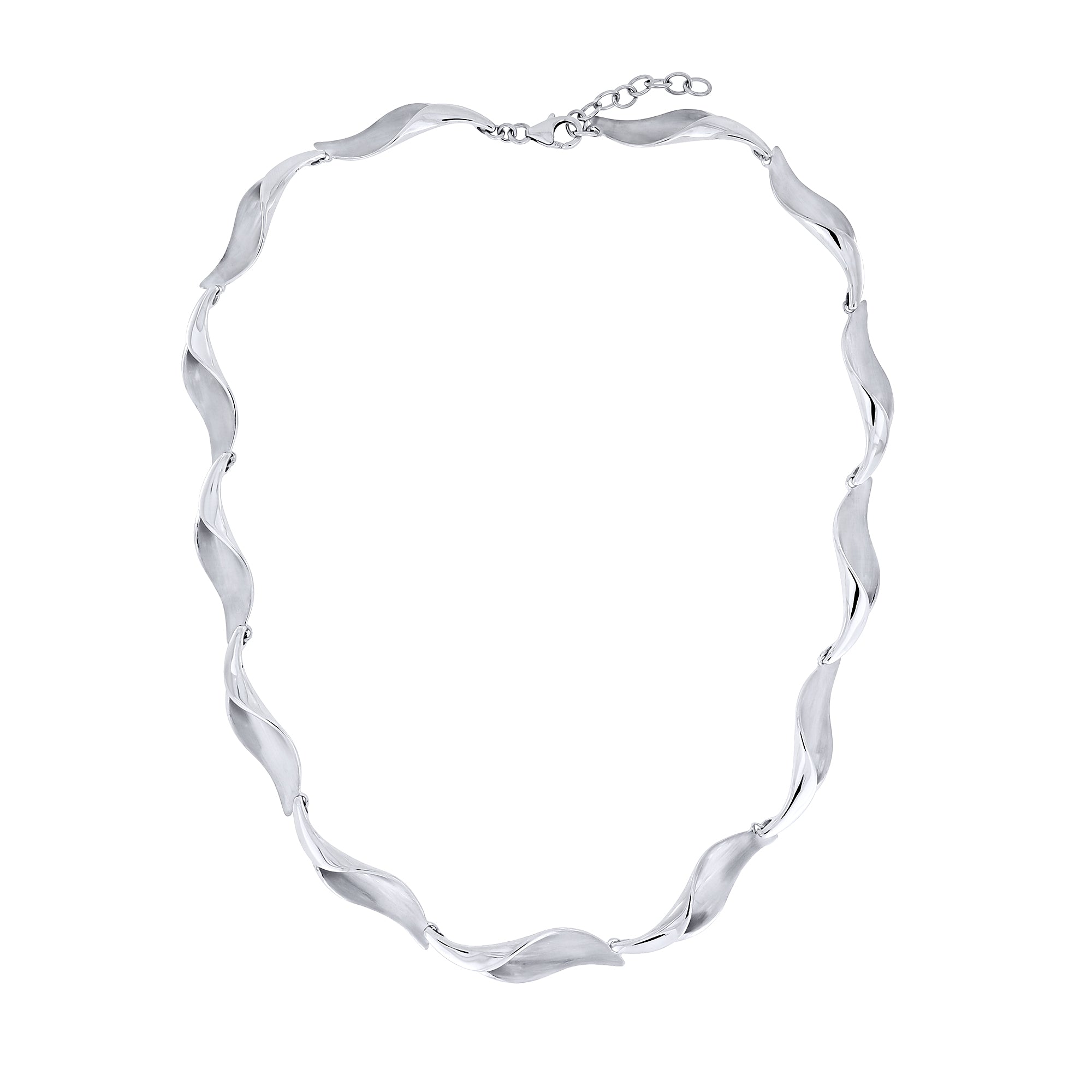 Sterling silver necklace featuring alternating satin and polished links shaped as folded waves, creating a fluid sculptural effect for contemporary silver jewellery.