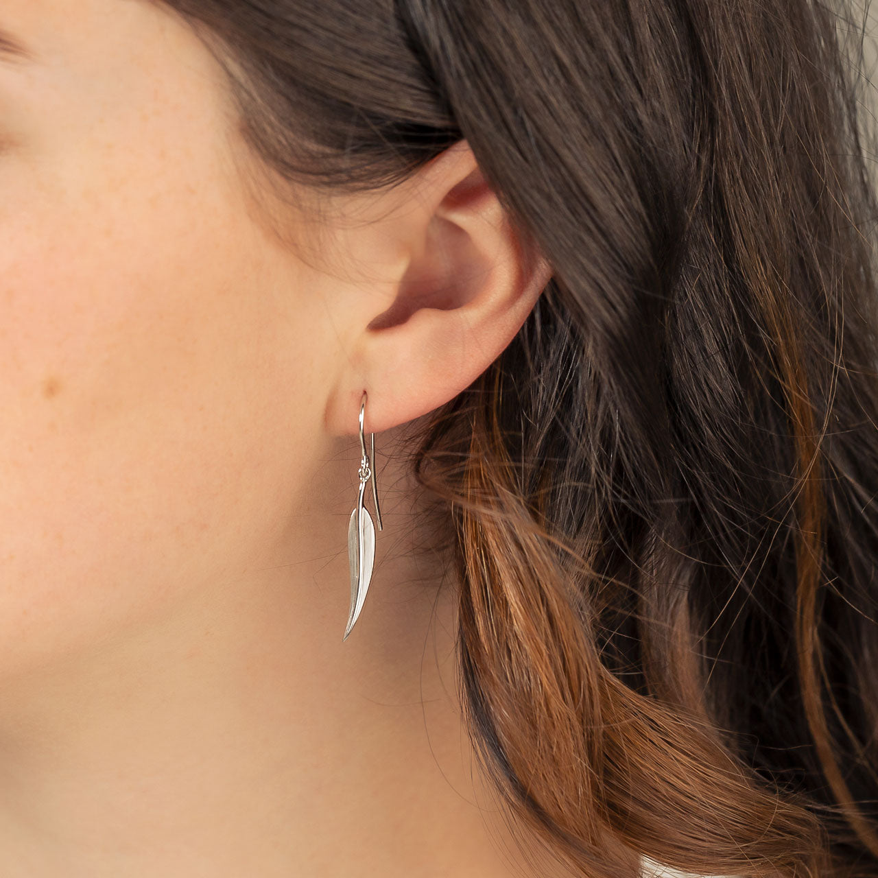 Silver Slim Leaf Drop Earrings