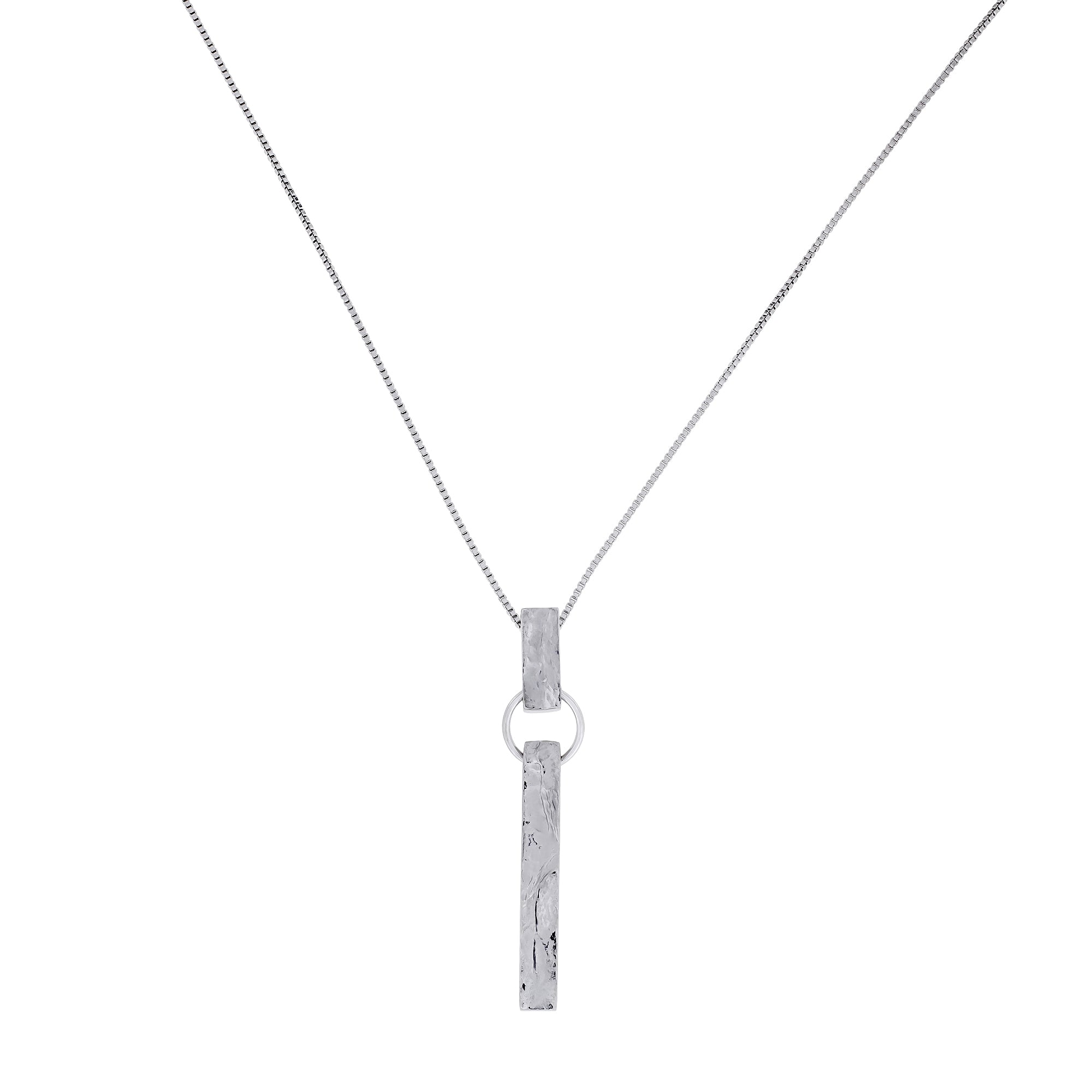 Contemporary sterling silver pendant featuring a textured vertical bar suspended from a simple circular link on a fine chain, reflecting modern British jewellery design.