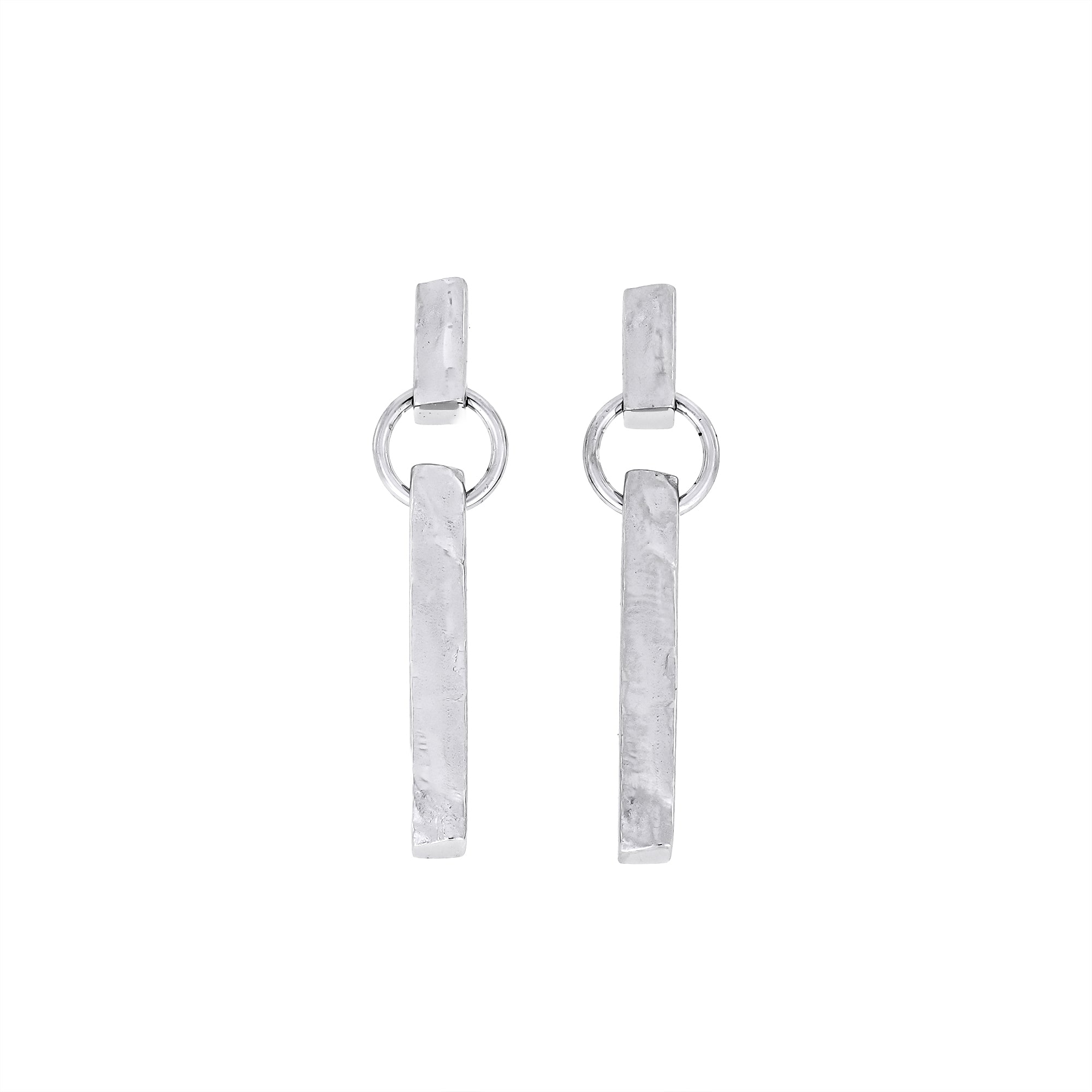 Pair of sterling silver drop earrings featuring hammered textured vertical bars suspended from small circular links, showcasing a modern sculptural design.