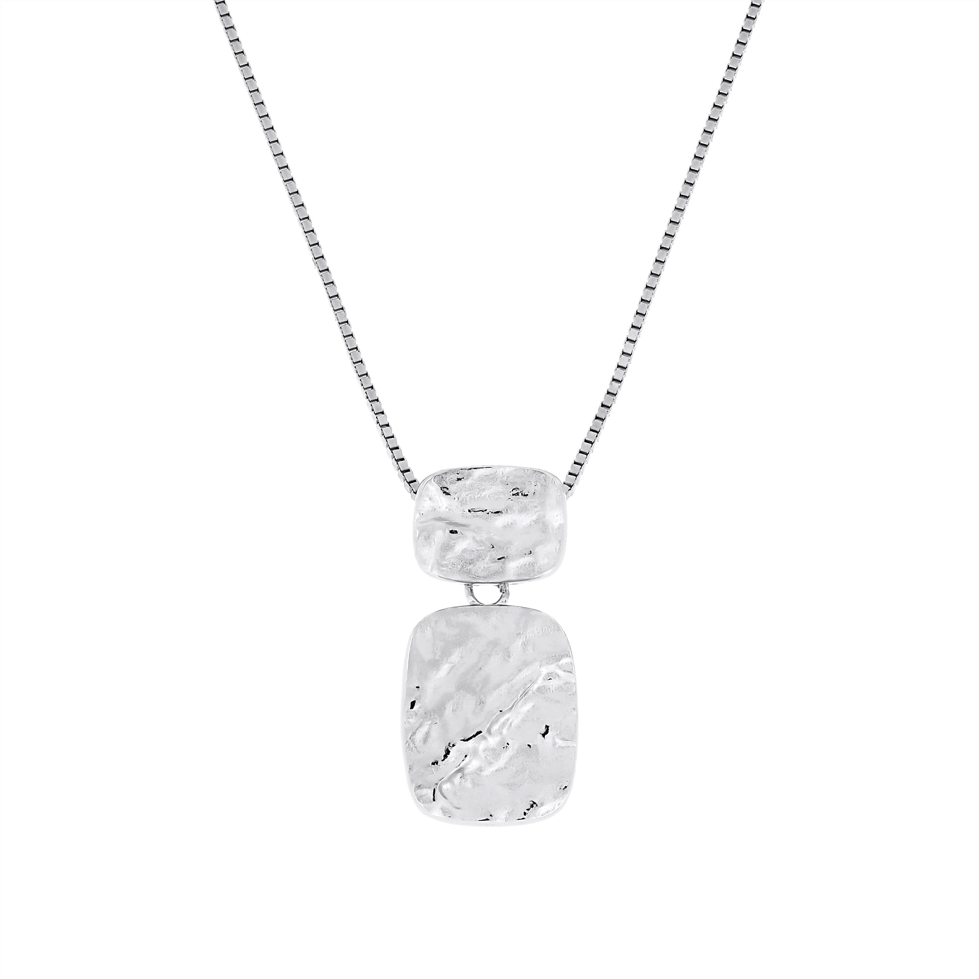 Contemporary sterling silver pendant featuring two textured rectangular shapes arranged vertically on a fine chain, exemplifying sculptural elegance in silver jewellery.