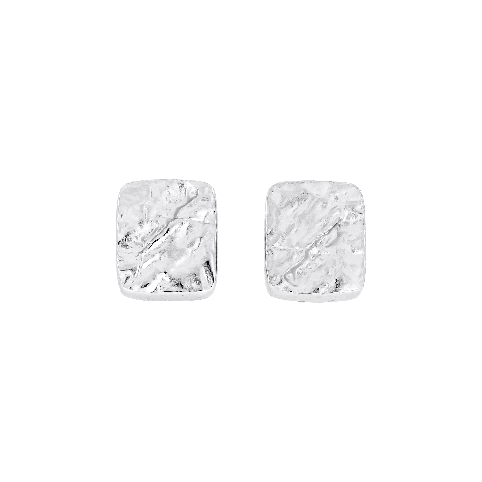 Pair of sterling silver rectangle stud earrings with a textured, hammered finish, showcasing a contemporary and sculptural design in fine silver jewellery.
