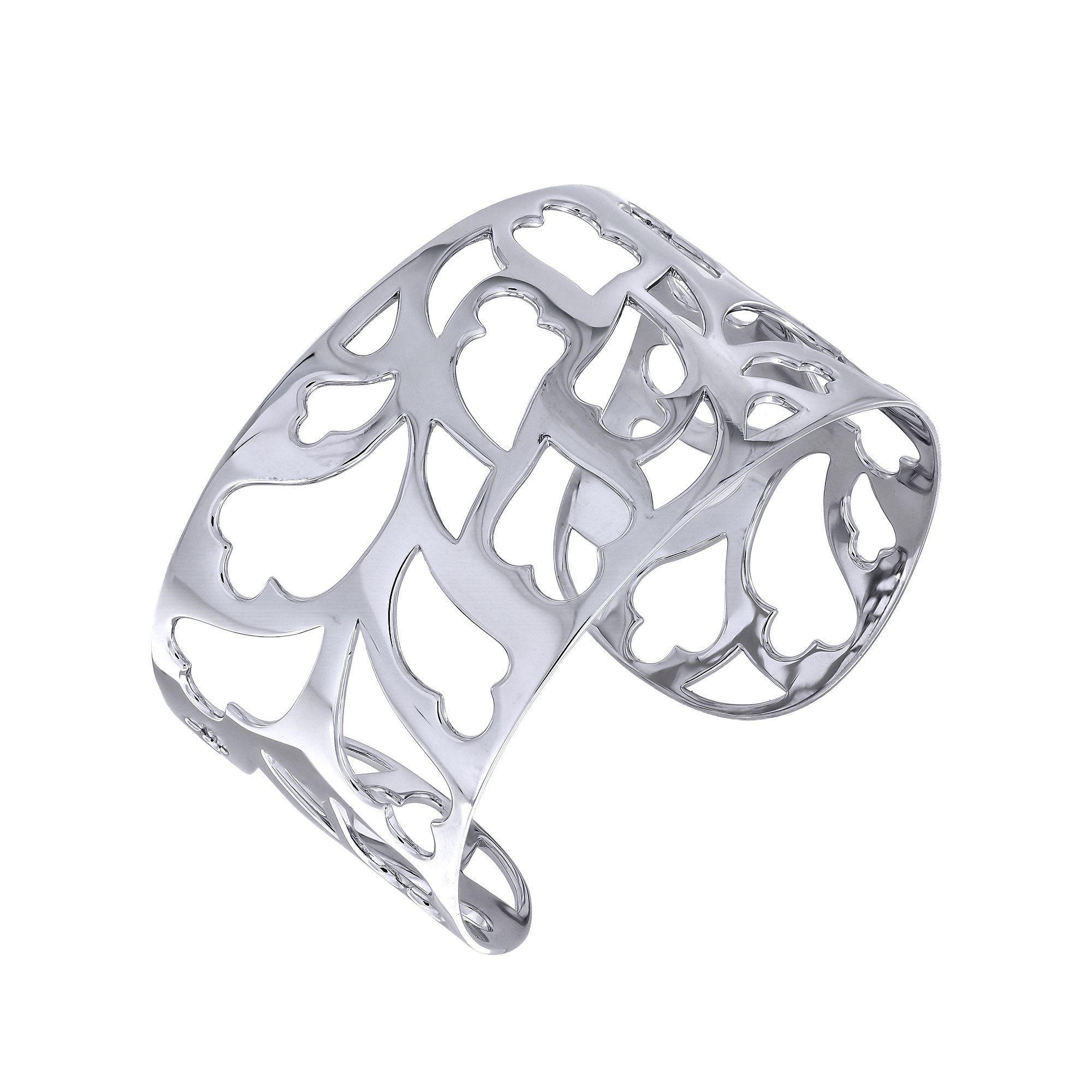 Sterling silver cuff bangle featuring an intricate openwork design inspired by Yorkshire, crafted with a contemporary sculptural aesthetic for elegant everyday wear.