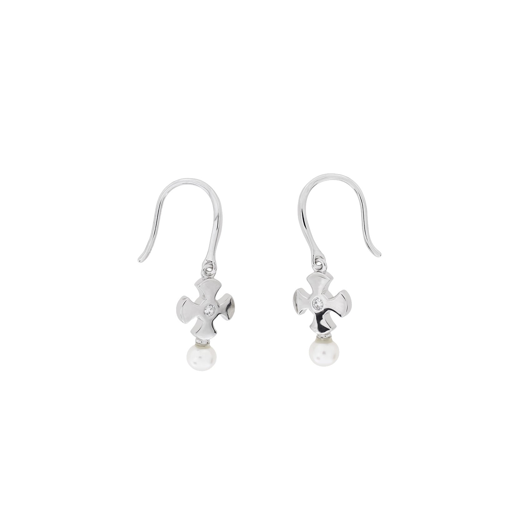 Silver St Cuthbert Cross Drop Earrings with Freshwater Pearl
