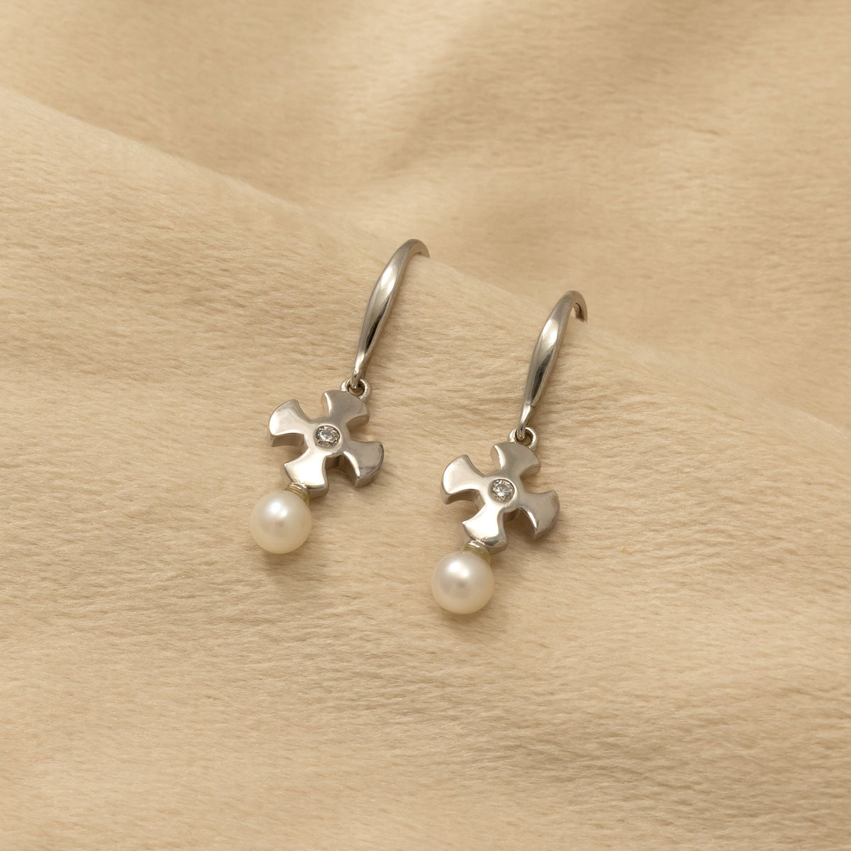 Silver St Cuthbert Cross Drop Earrings with Freshwater Pearl