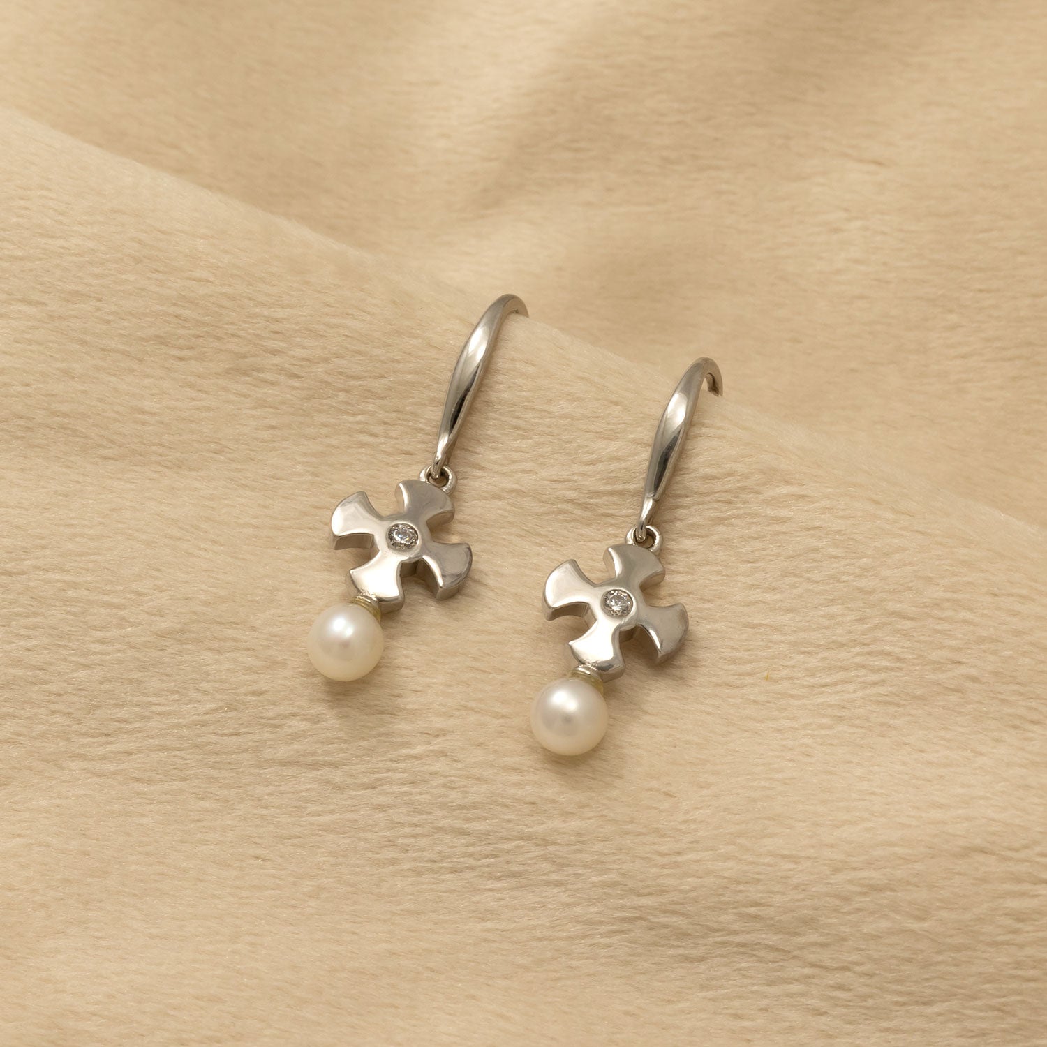 Silver St Cuthbert Cross Drop Earrings with Freshwater Pearl
