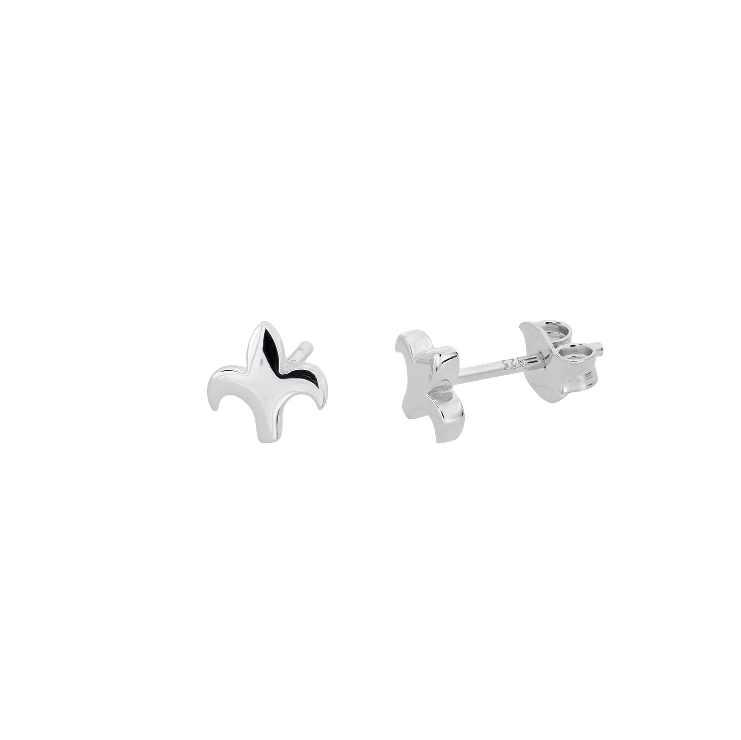 Pair of sterling silver stud earrings featuring a sculptural fleur de lis design, showcasing a polished finish and minimalist elegance in contemporary silver jewellery.