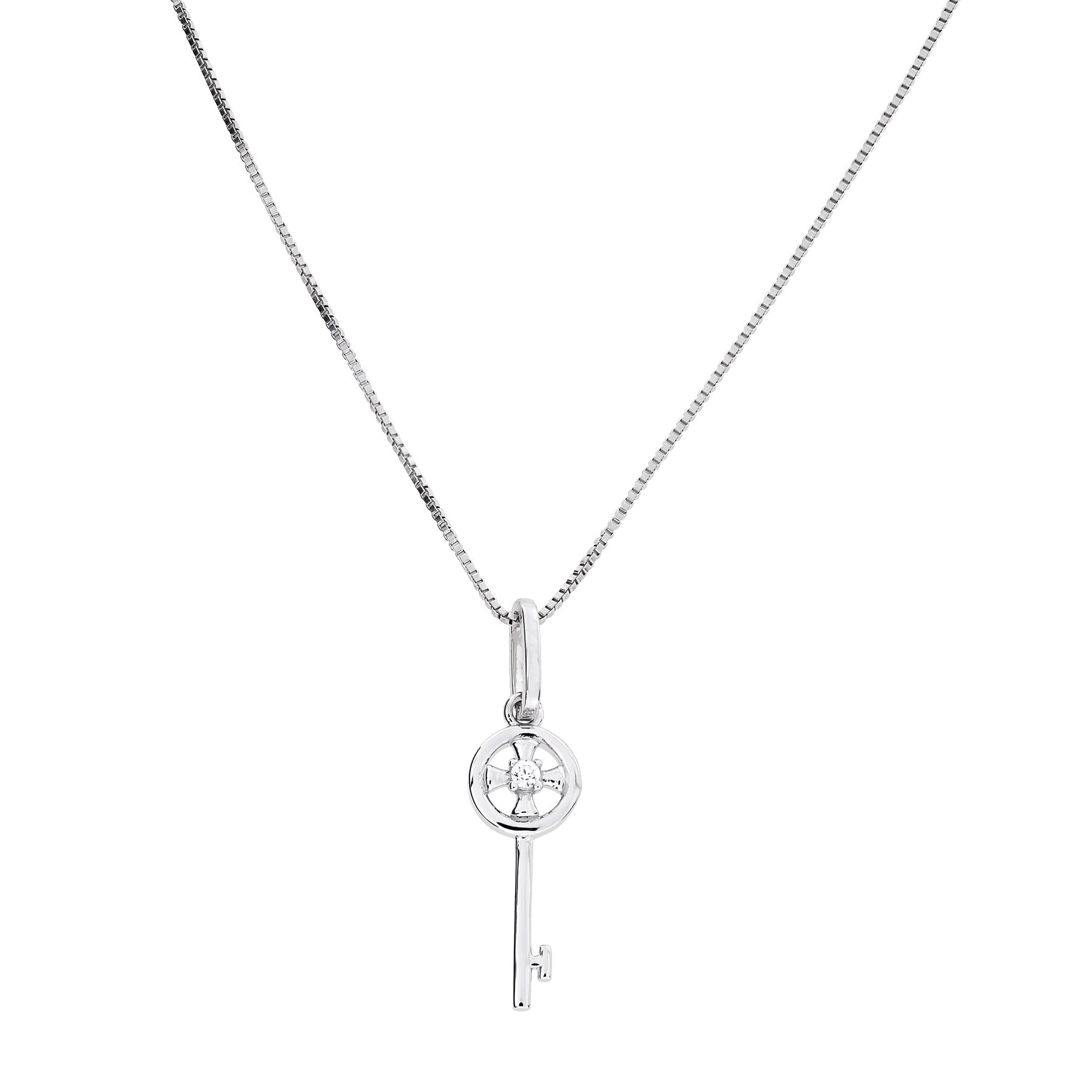Delicate sterling silver pendant designed as a St Cuthbert cross integrated into a key shape, suspended from a fine chain, showcasing minimalist elegance.