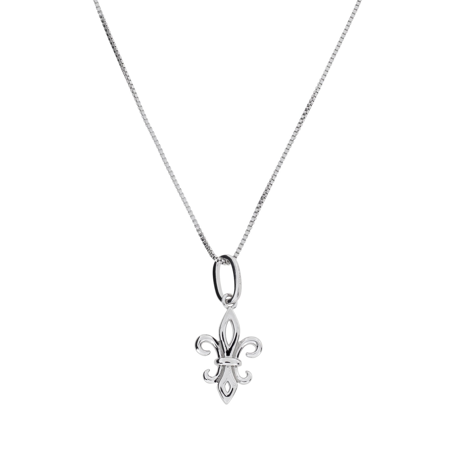 Sterling silver pendant featuring a sculptural fleur de lis design suspended from a delicate silver chain, embodying timeless elegance and expert craftsmanship.