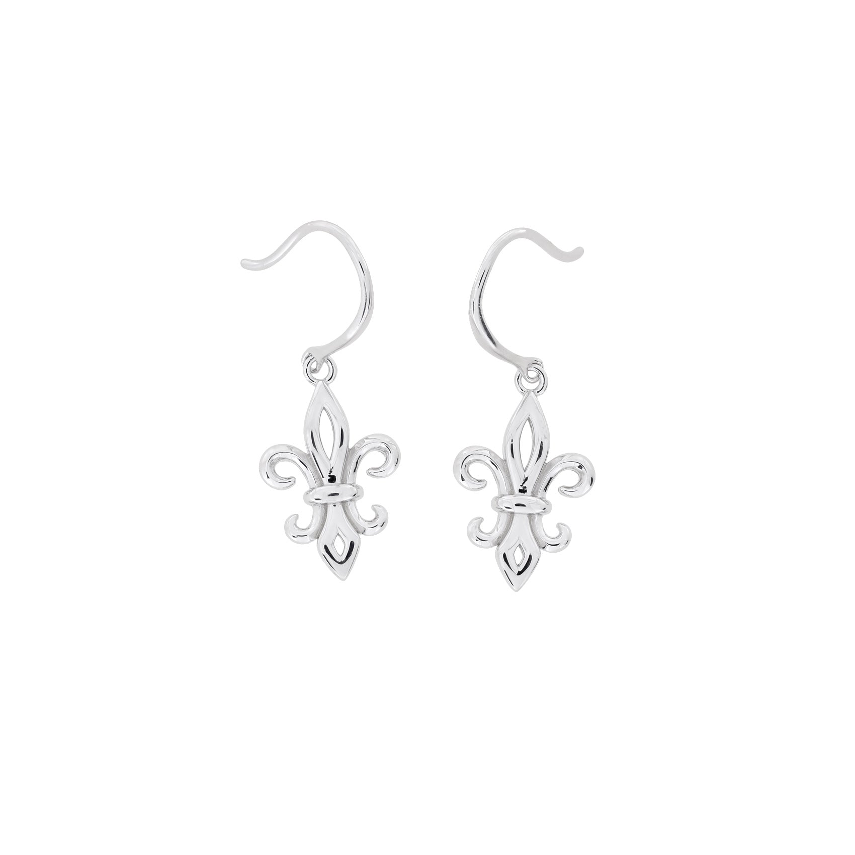 Pair of sterling silver drop earrings featuring elegant fleur de lis charms suspended from curved hooks, showcasing a polished and sculptural design.