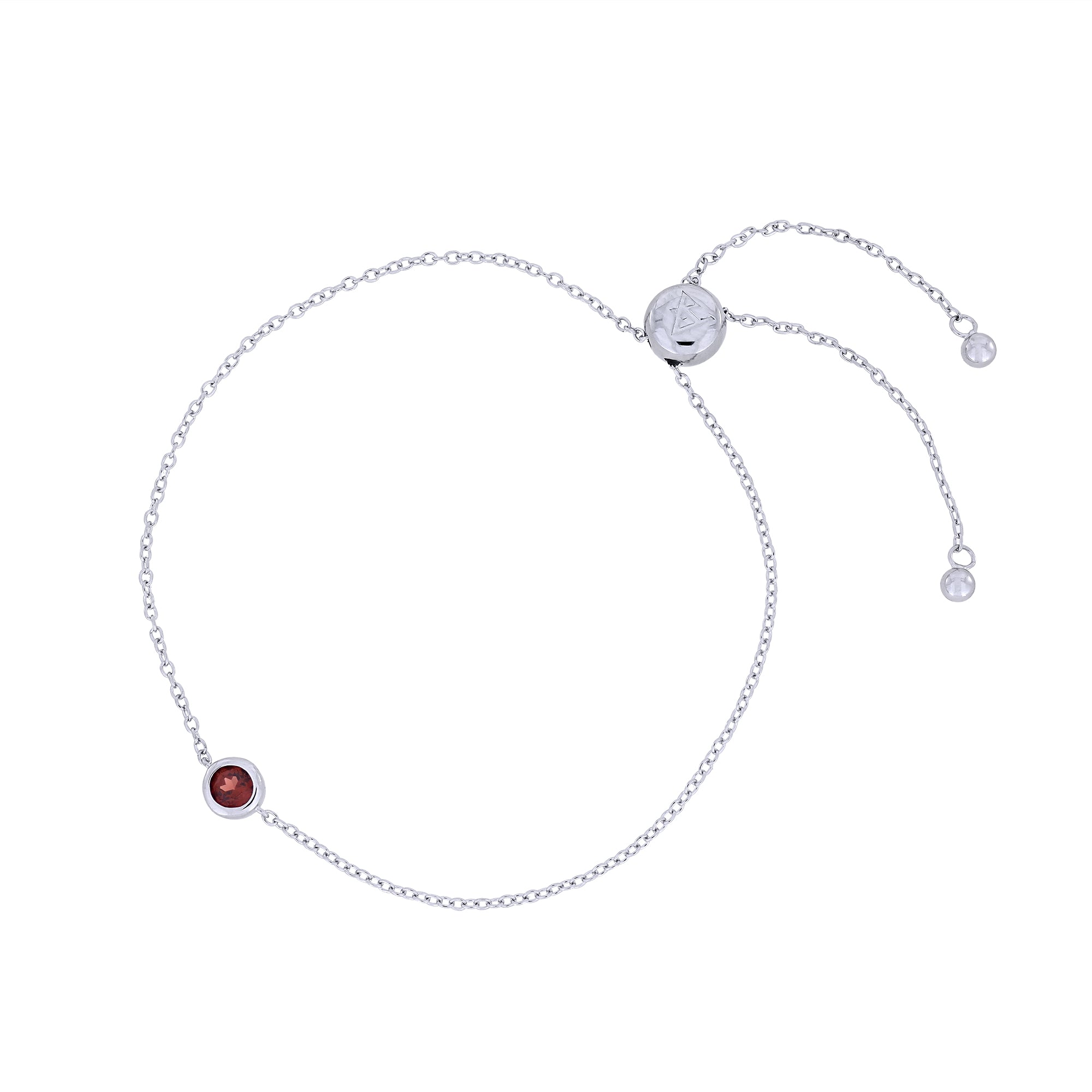 Adjustable sterling silver bracelet featuring a deep red garnet birthstone in a sleek bezel setting, exemplifying expert British craftsmanship by Azendi.